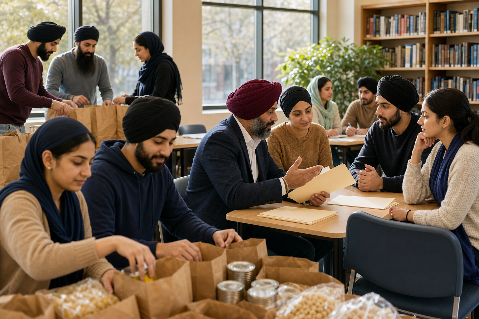 A Sikh federal employee mentors young adults at a public-service workshop while volunteers prepare community food parcels nearby.