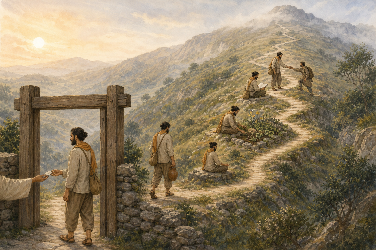 A visitor enters a retreat gate and then follows a long hill path while carrying water, meditating, gardening, studying, and helping another traveler.