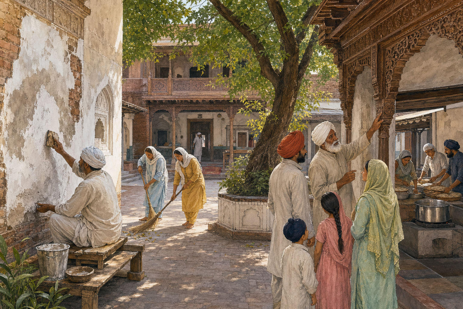 Pilgrims and local custodians sweep a sacred courtyard, repair lime plaster, discuss carved architecture, and prepare community food.