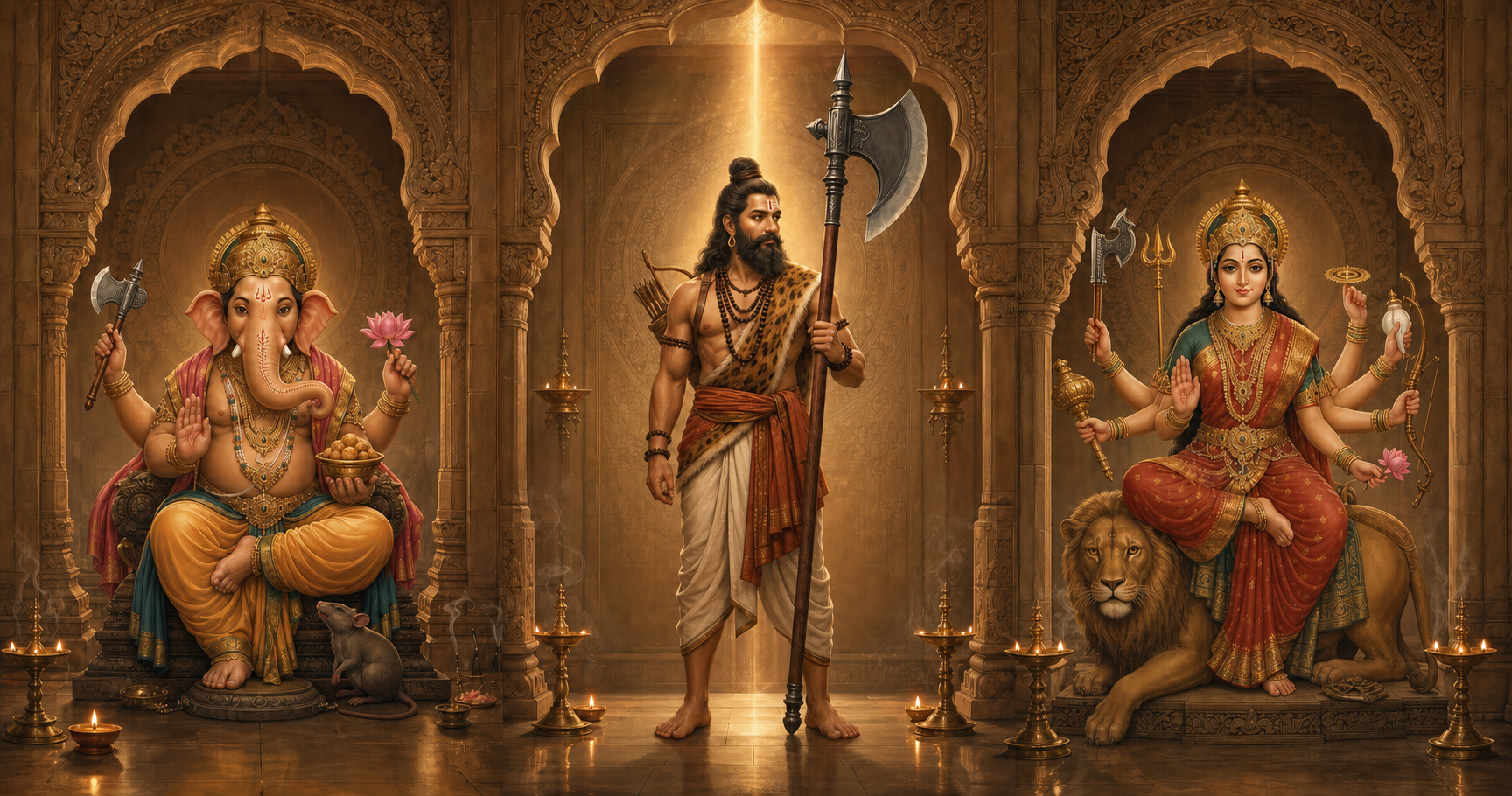 Ganesha, Parashurama, and a many-armed goddess appear in separate temple alcoves, each holding a different form of the parashu axe.