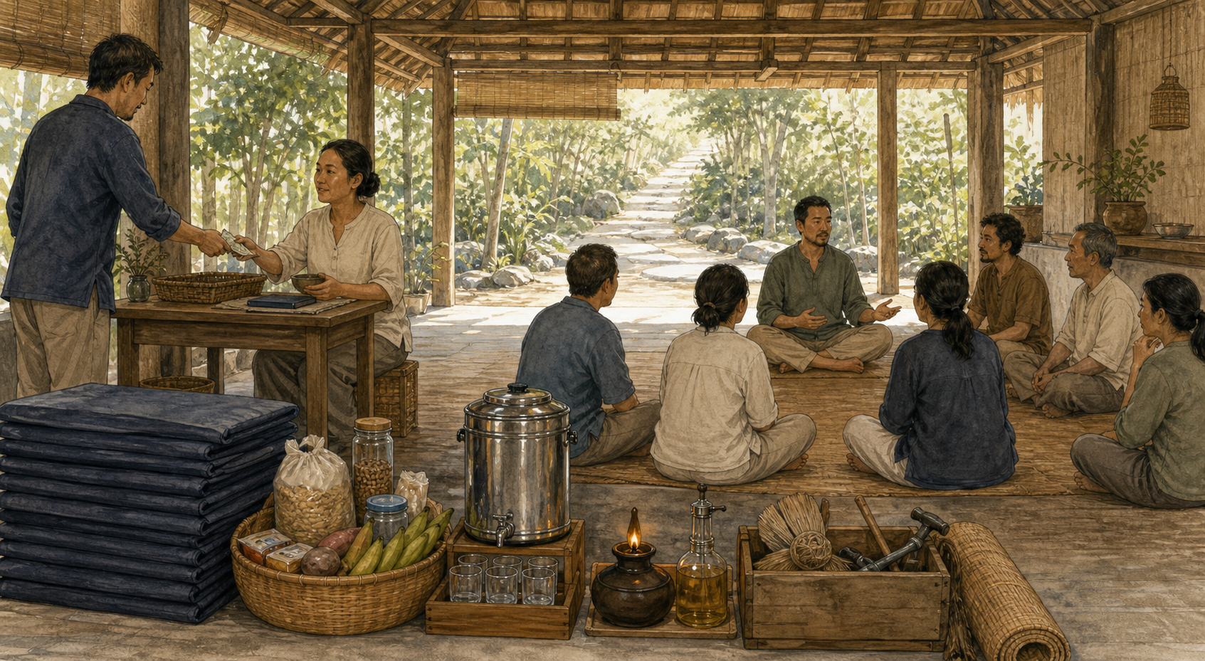 An administrator accepts payment beside mats, food, water vessels, and maintenance supplies while a teacher and students sit together in a simple open hall.