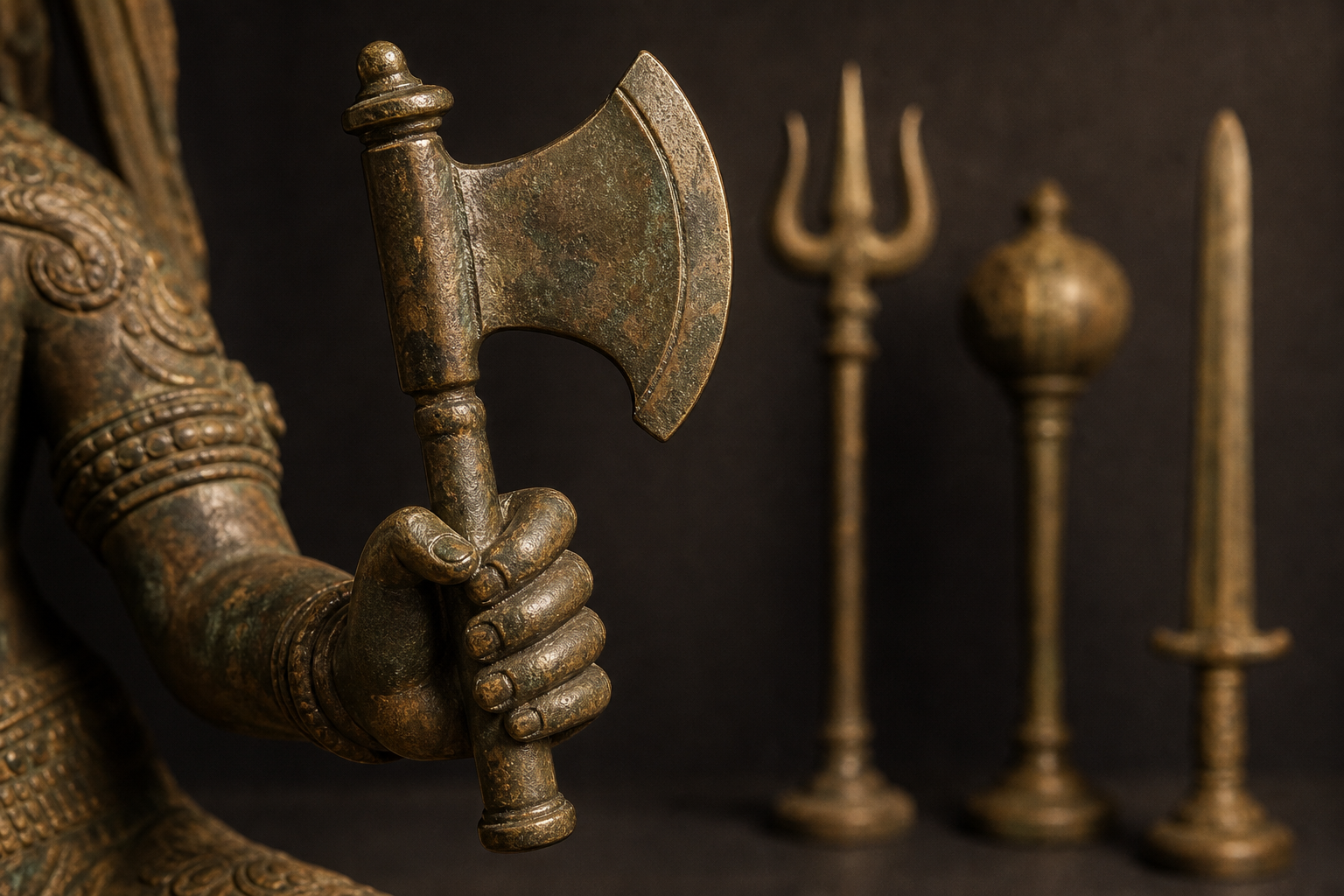 A bronze murti hand holds a small curved-blade parashu, with a trident, mace, and sword softly visible in the background.