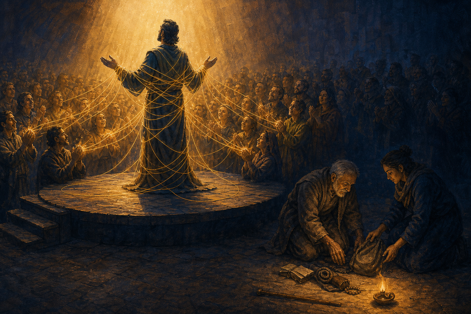 Golden threads from an applauding audience wrap around a speaker on a lit platform while, nearby, a person quietly helps an elder.