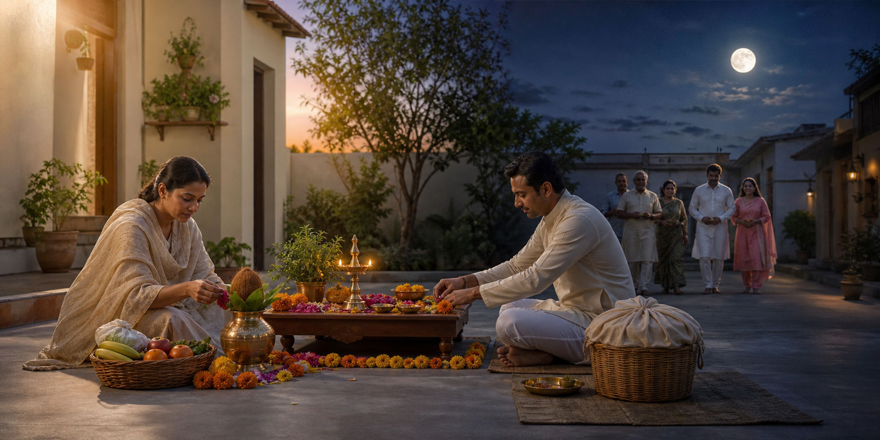 A household courtyard with a puja altar, flowers, fruit, a food donation basket, and people preparing as daylight transitions into a full-moon evening.