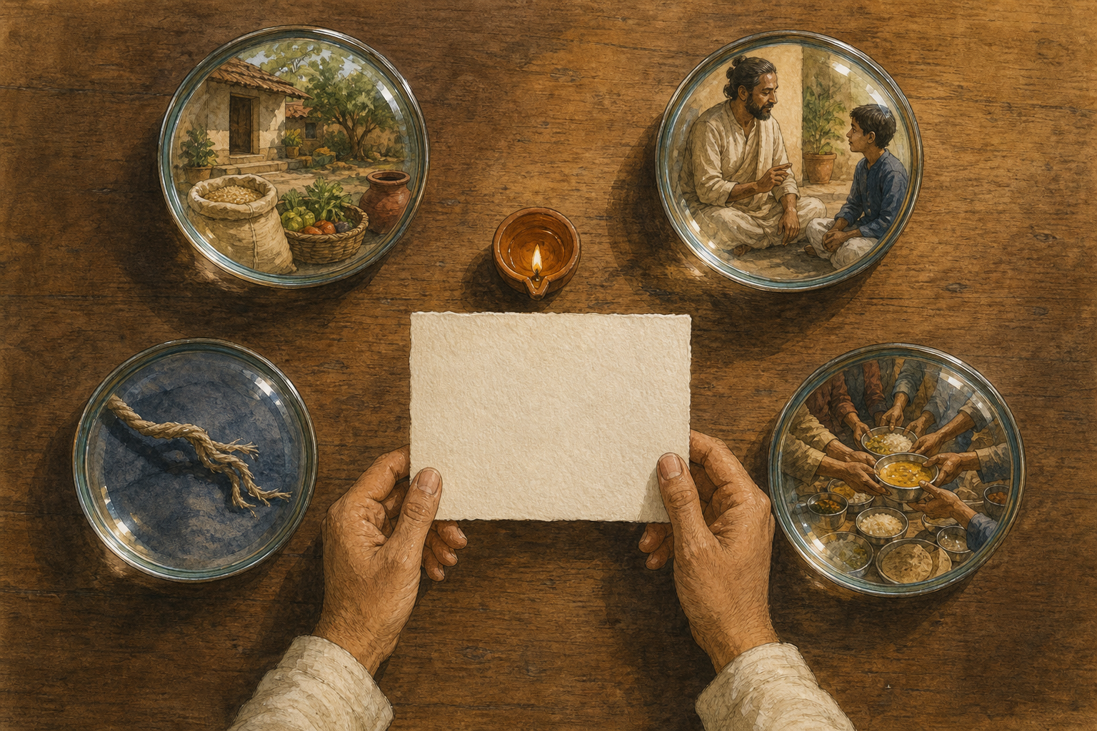 Four glass lenses around a blank invitation reveal material supplies, a teacher-student relationship, a loosened cord, and hands sharing food.