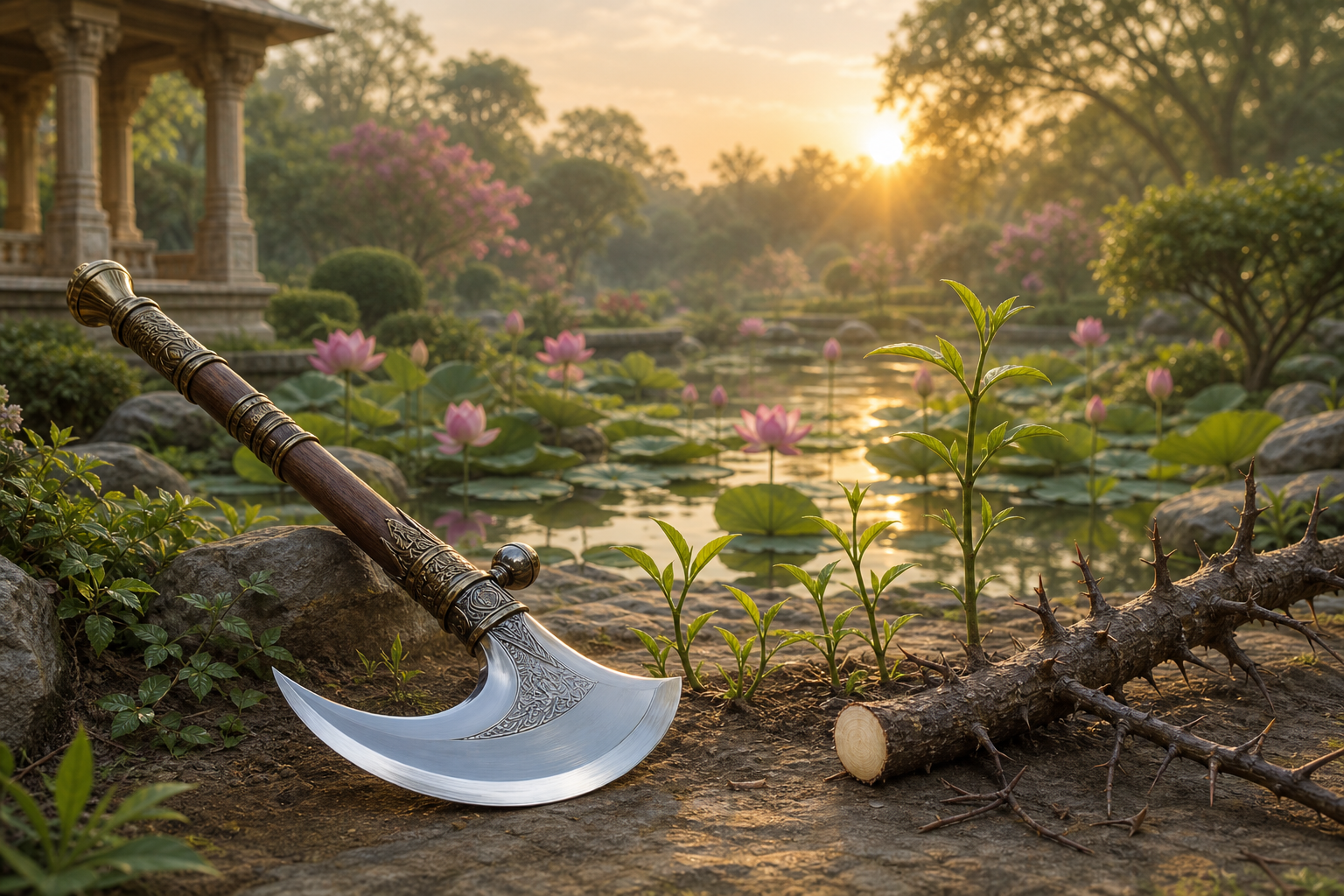 A clean parashu lies beside a severed dry thorny branch while green shoots and lotuses grow in a sunlit temple garden.