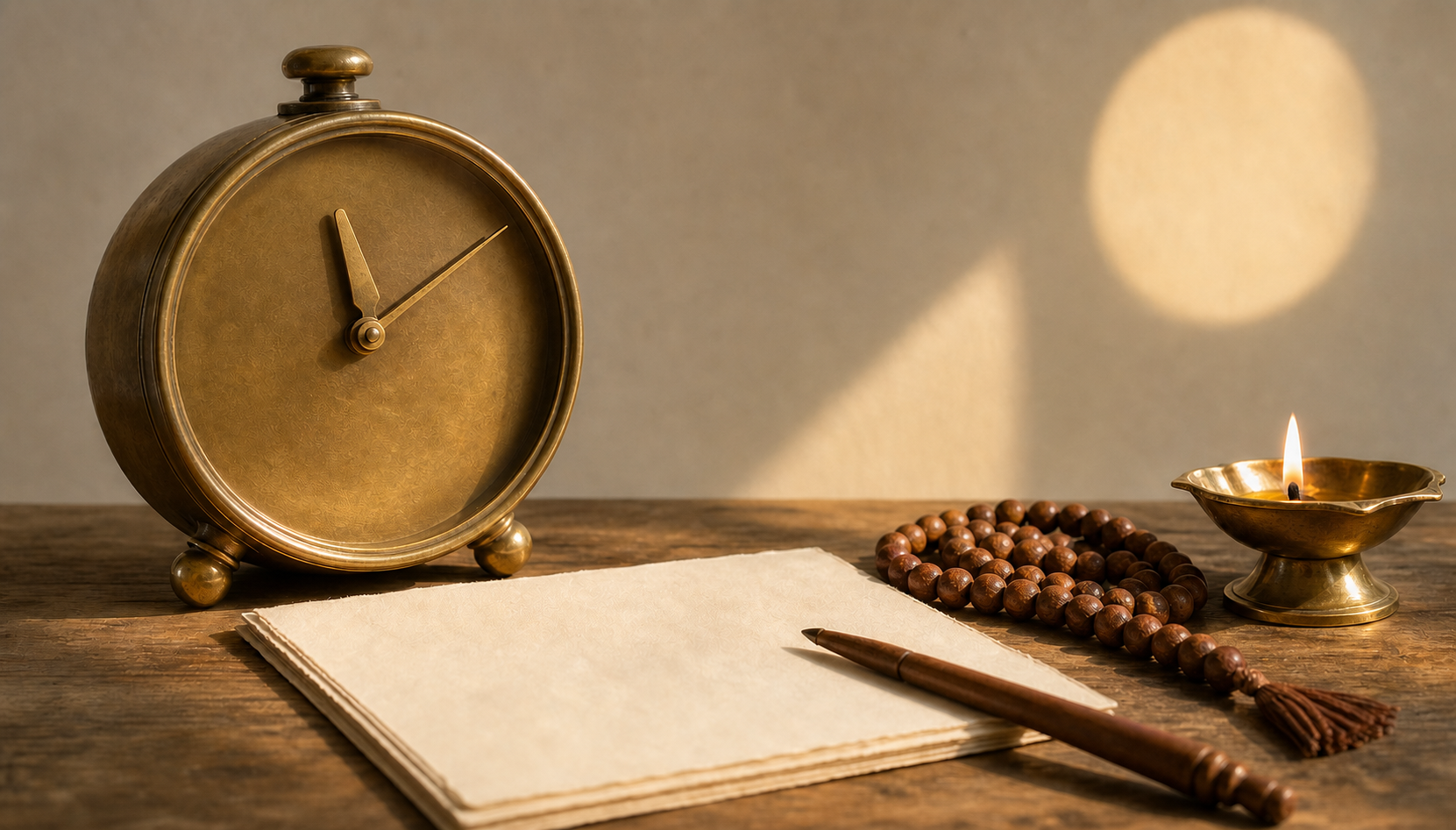 A numeral-free brass clock set to 11:11 beside prayer beads, blank paper, a stylus, and a lit diya in late-morning sunlight.