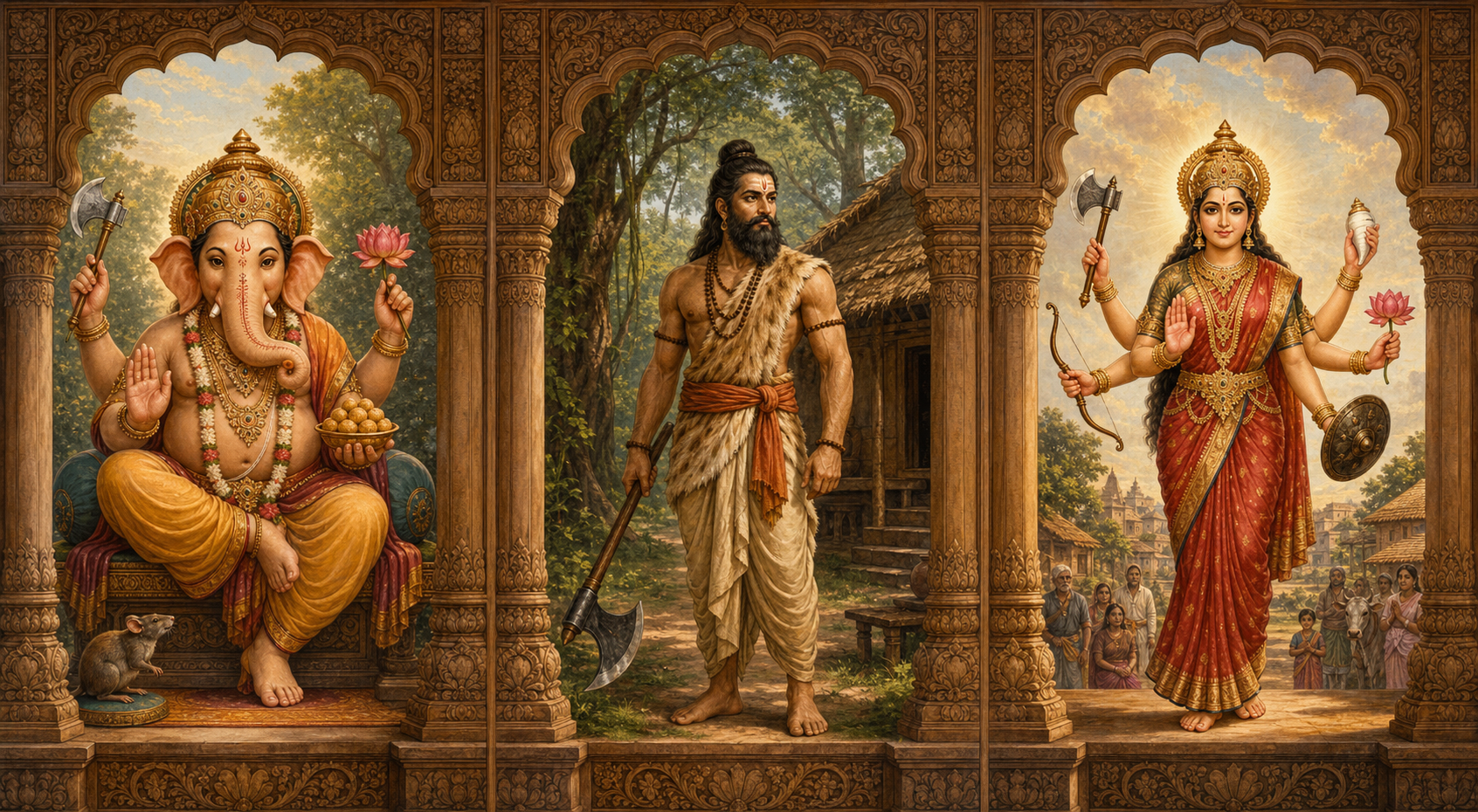 Ganesha, Parashurama, and a many-armed goddess occupy separate sacred settings and hold the parashu with different accompanying attributes.