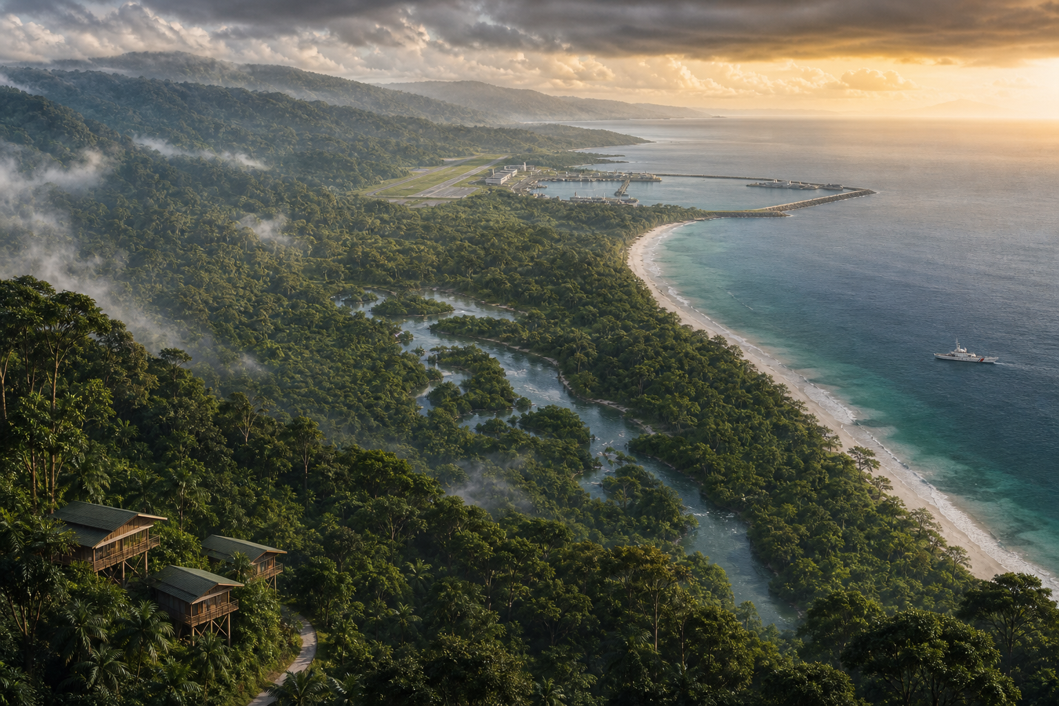 Conceptual aerial illustration of a forested tropical island with freshwater streams, a limited harbor and airfield zone, resilient buildings and a patrol vessel offshore.