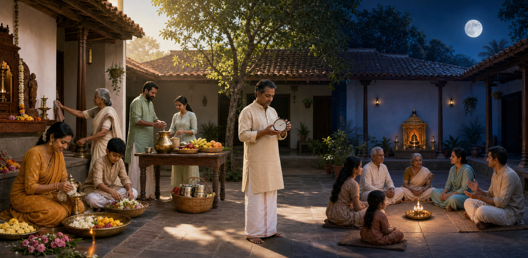 People move from morning puja preparation and timing verification to an evening satsang beneath a full moon.