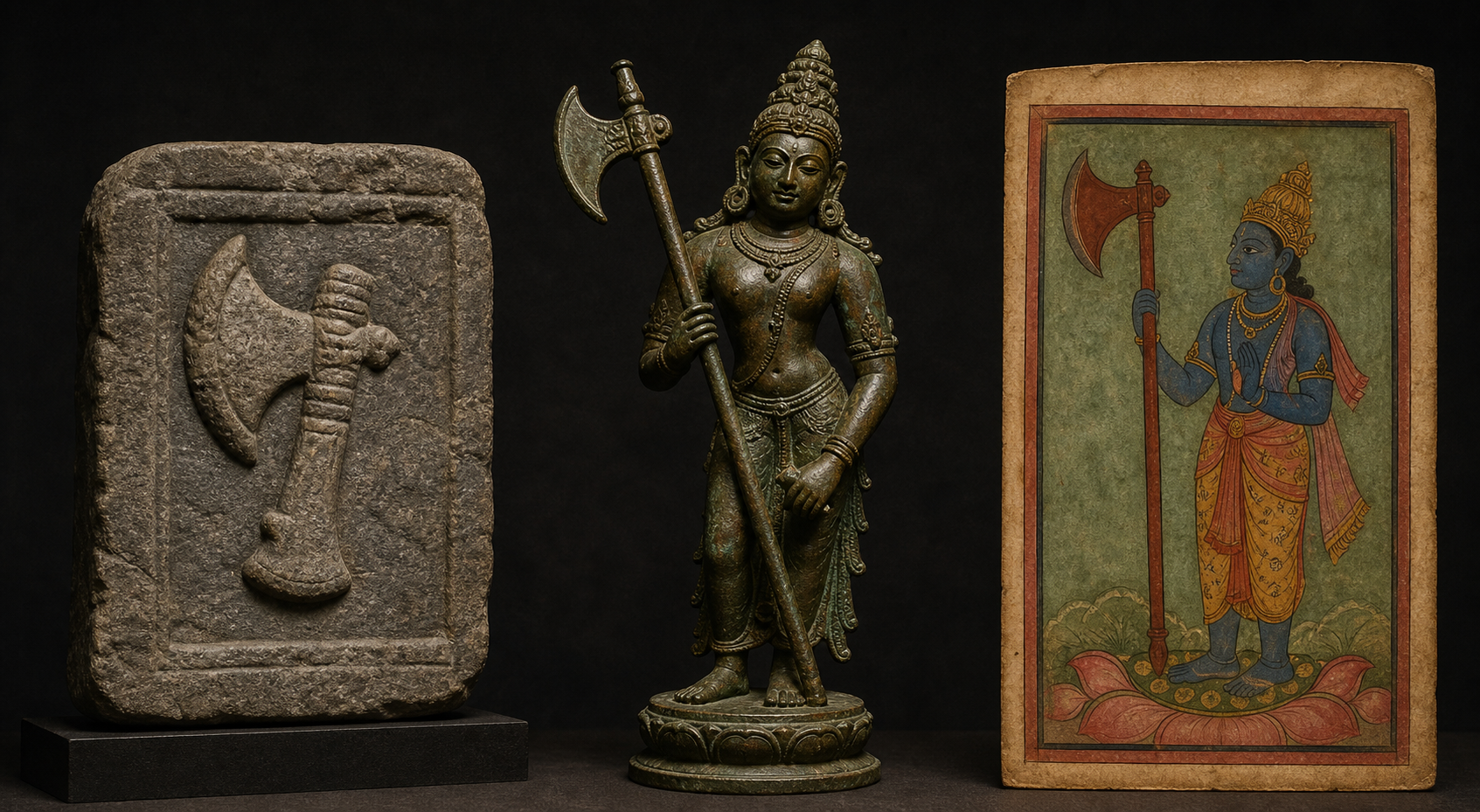 Stone, bronze, and painted depictions present three different silhouettes of the parashu in a museum-style comparison.