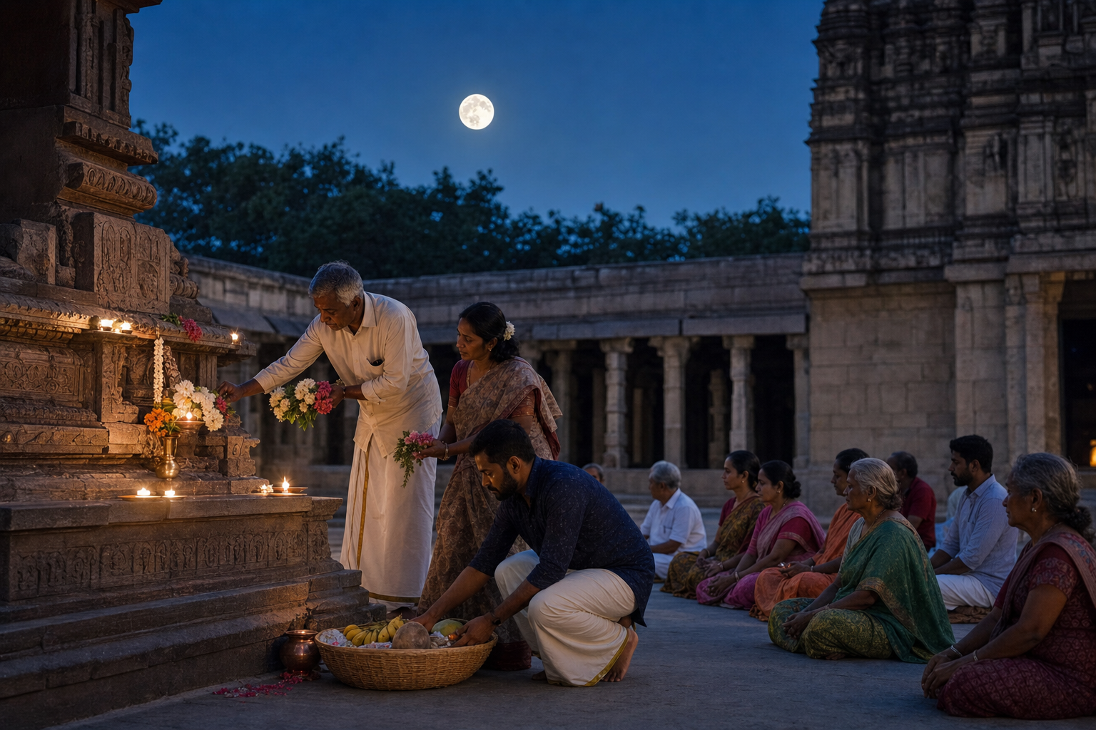 An intergenerational group offers flowers and water, prepares a food donation, and gathers in a moonlit temple courtyard.