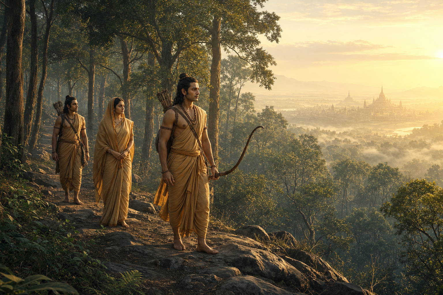Rama stands with a resting bow on a forest ridge at sunrise as Sita and Lakshmana accompany him, with a distant city fading into the mist behind them.
