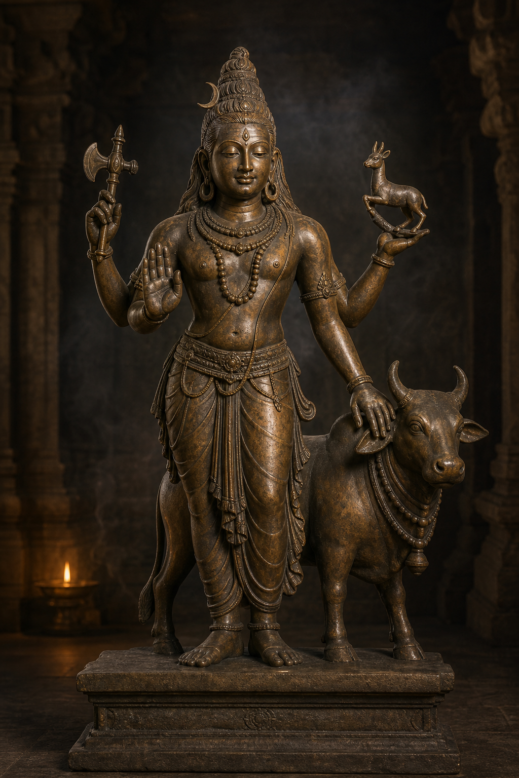 A bronze-style image of four-armed Shiva standing beside Nandi, with one lowered arm resting across the bull's back in a dim temple hall.