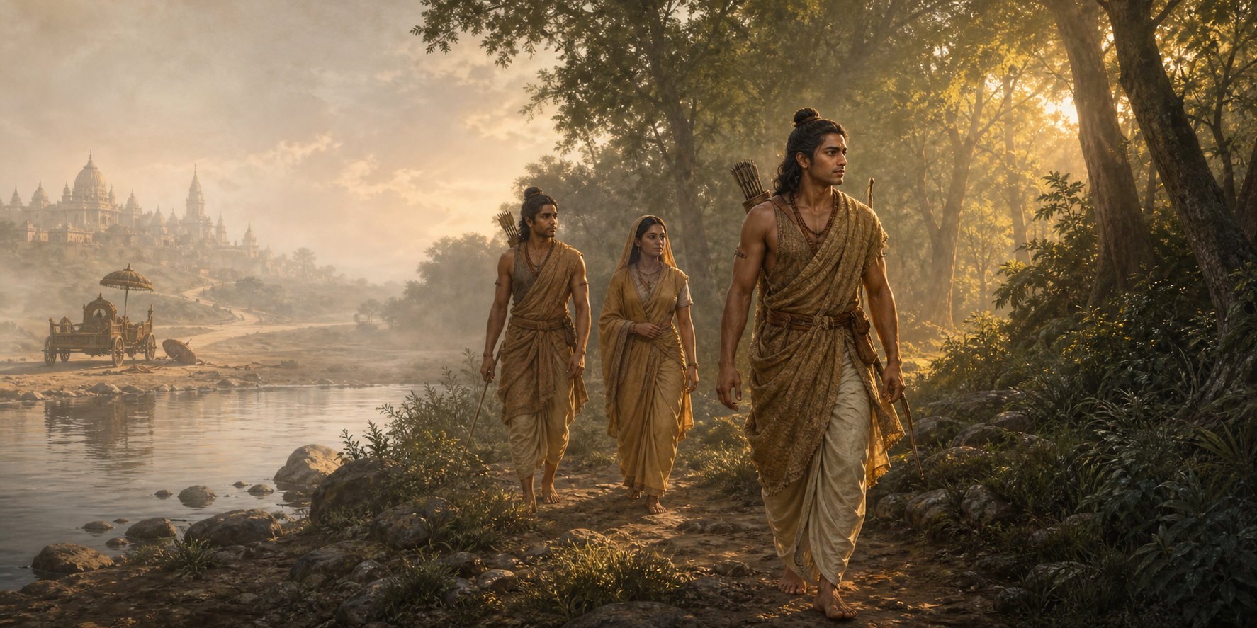 Rama in simple exile clothing walks toward a sunlit forest with Sita and Lakshmana while an empty chariot remains across the river behind them.