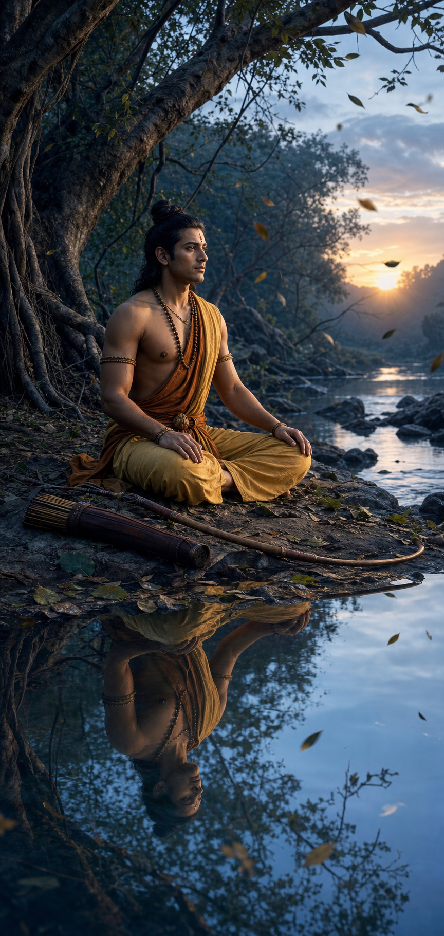 Rama sits calmly beside a forest stream before sunrise, with his bow and quiver resting on the ground nearby.