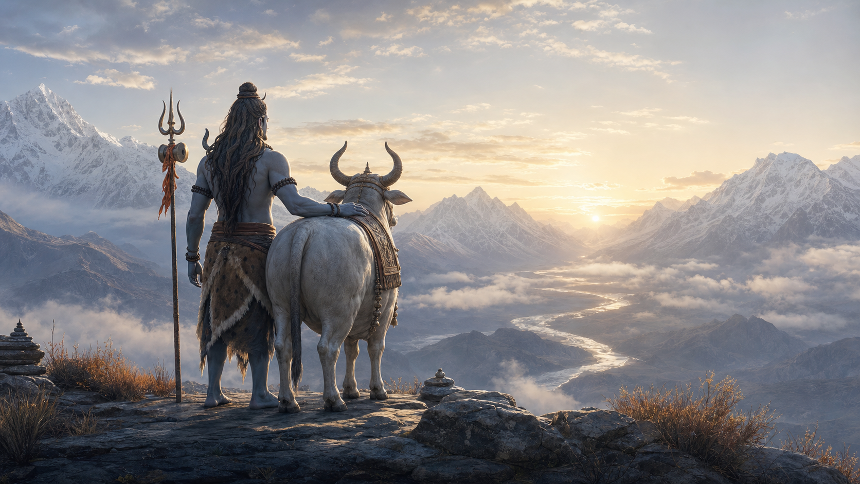 Shiva stands with one hand on Nandi as both face the same direction on a mountain terrace at dawn.