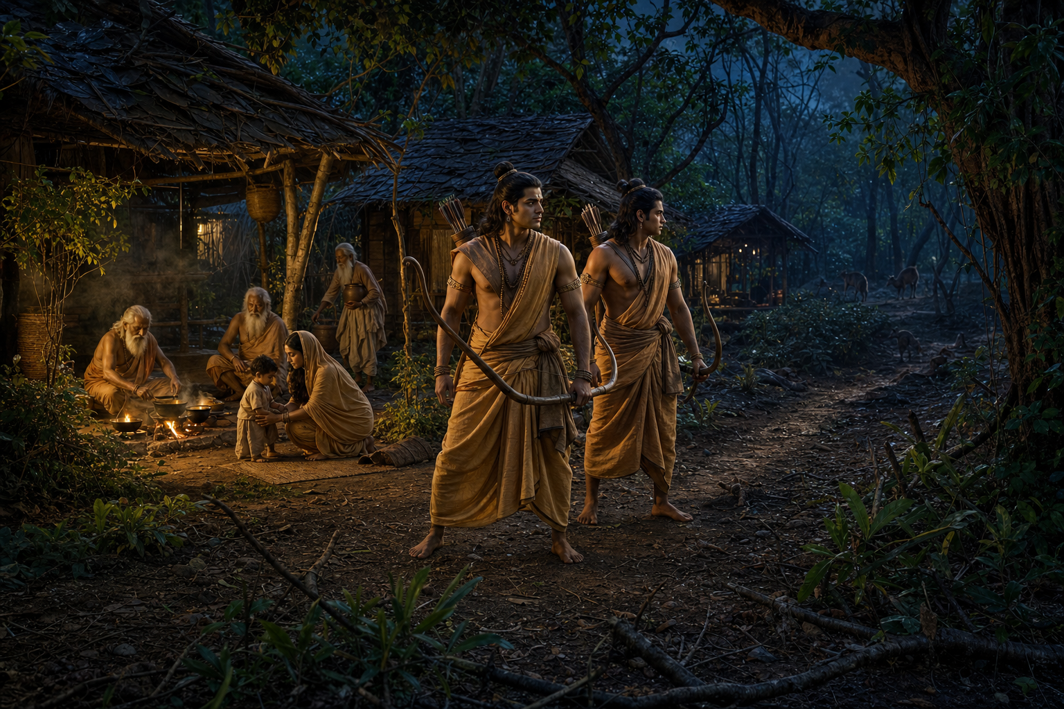 Rama and Lakshmana keep watch at twilight outside a forest hermitage while residents tend a fire and carry water behind them.