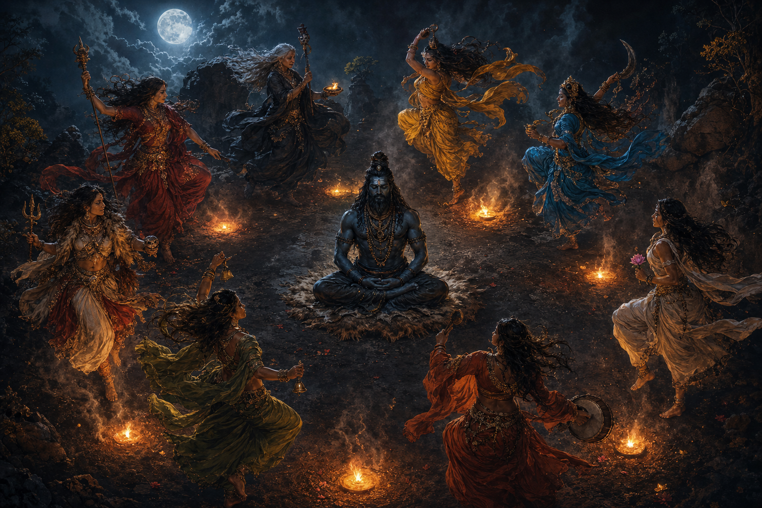 A still central Bhairava is encircled by moving Yogini figures and eight pools of firelight on a moonlit ritual ground.