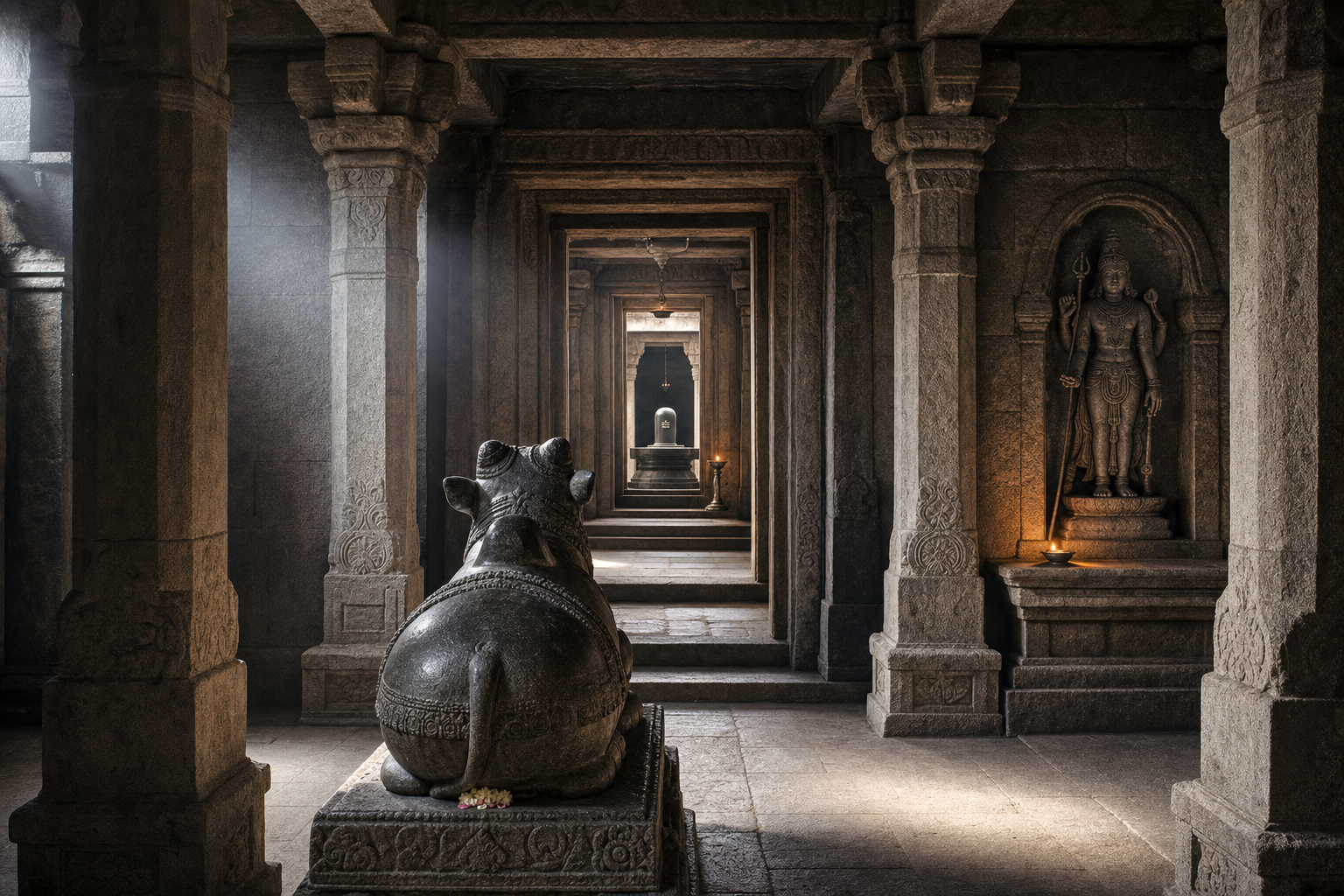 A seated stone Nandi in its own temple pavilion faces a Shiva linga in a separate sanctuary, while a standing Shiva image occupies a side niche.
