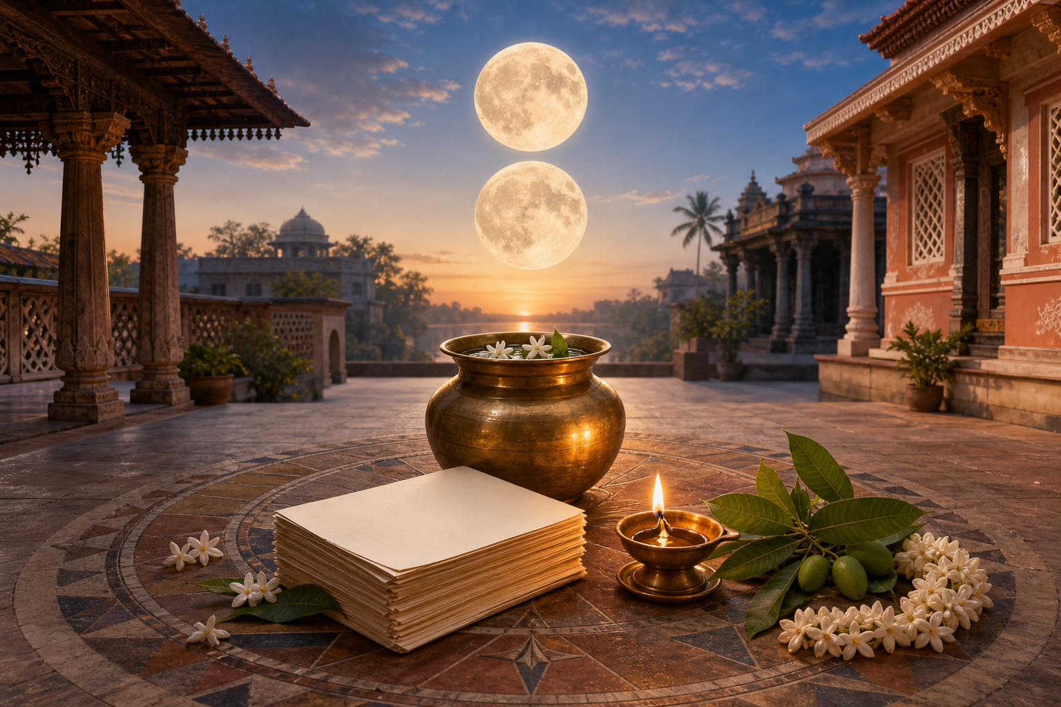 Two luminous moon discs above a brass vessel, oil lamp, flowers, and unmarked calendar leaves in an Indian courtyard at dawn.