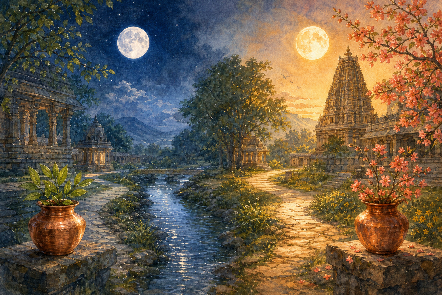 A continuous temple landscape shows two successive moonlit periods separated by a stream, with a path connecting an earlier cool-toned scene to a later warm-toned scene.
