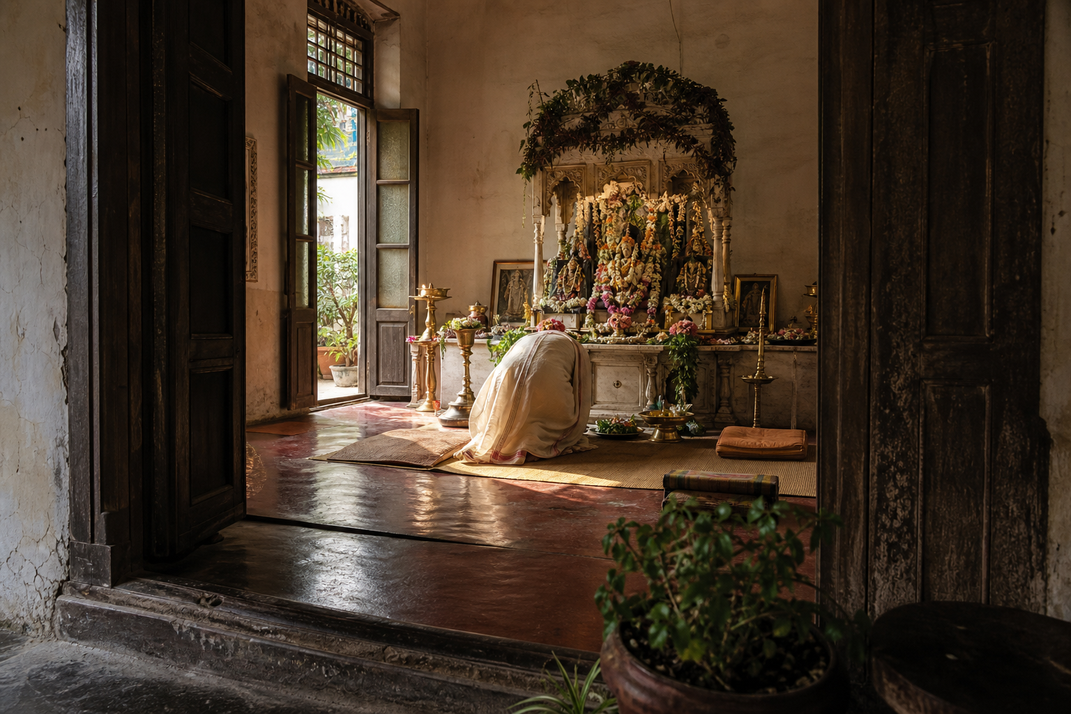 A devotee bows at the threshold of a softly lit altar room inside a historic Bengali house with wooden doors, red flooring, flowers and brass lamps.