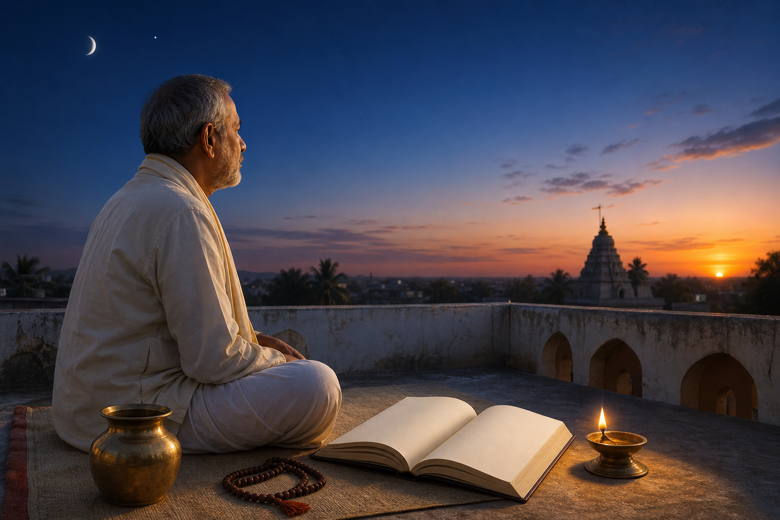An elder consults an unmarked almanac beside ritual objects while watching the moon fade at sunrise from a rooftop terrace.