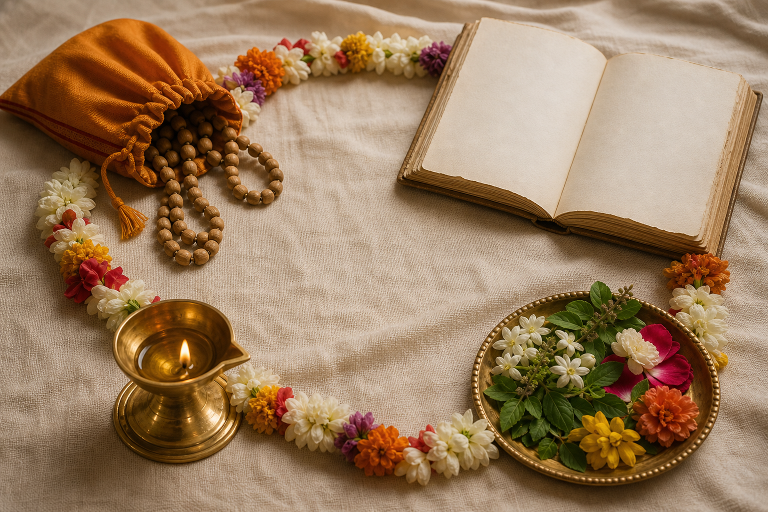 Tulasi beads, a blank open scripture, a lit brass lamp and a flower offering are arranged together on woven cloth.