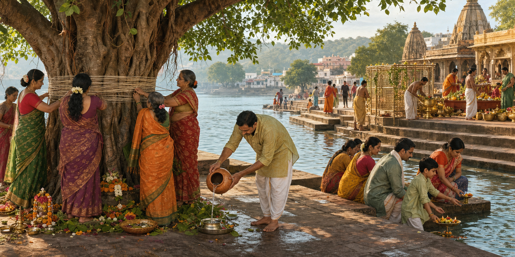 Devotees gather around a banyan tree, offer water, and place flowers and lamps beside a river while temple attendants arrange brass bathing vessels in the distance.