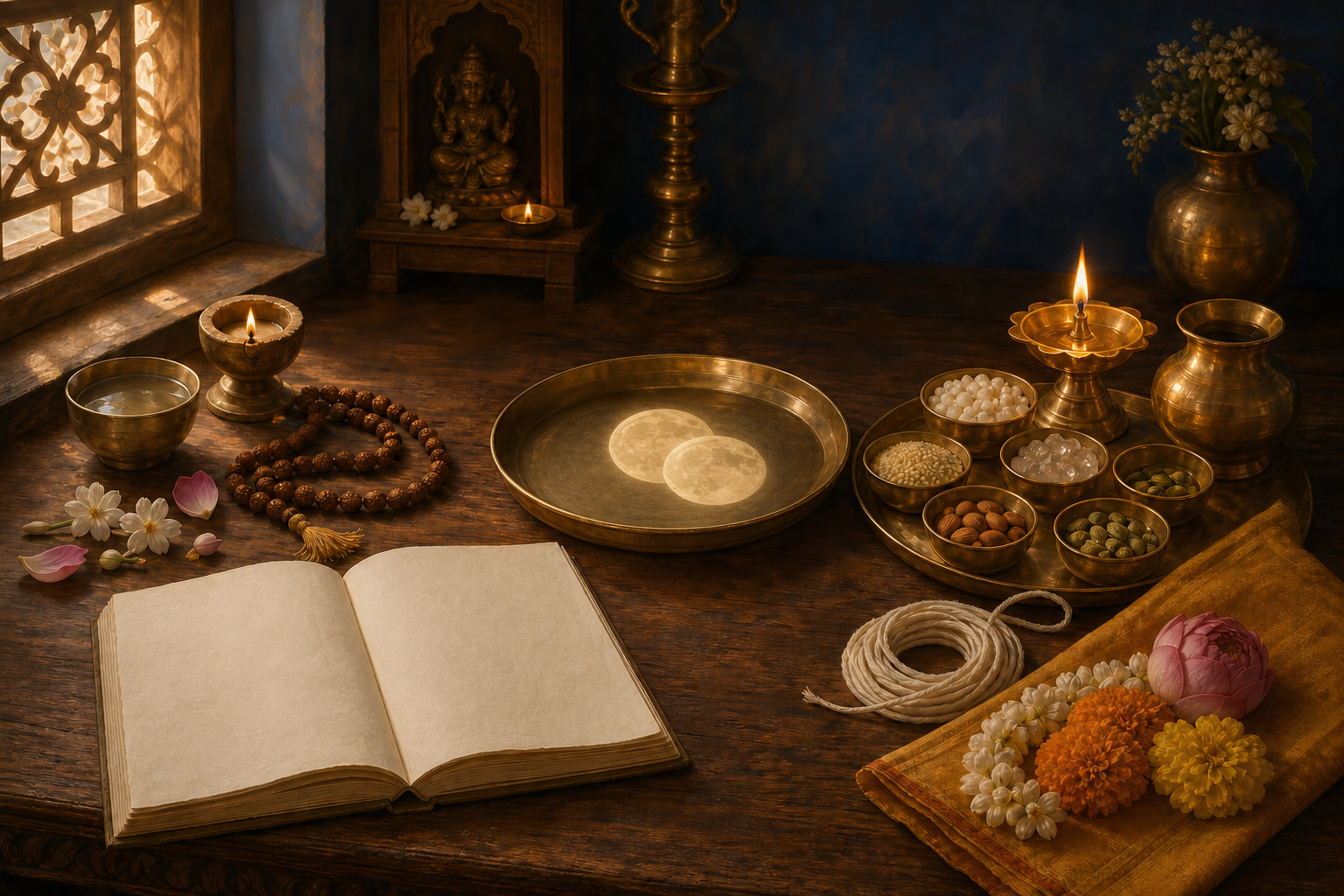 A wooden table holds a quiet devotional arrangement on one side and prepared fasting and worship items on the other, joined by two moon reflections in a brass tray.