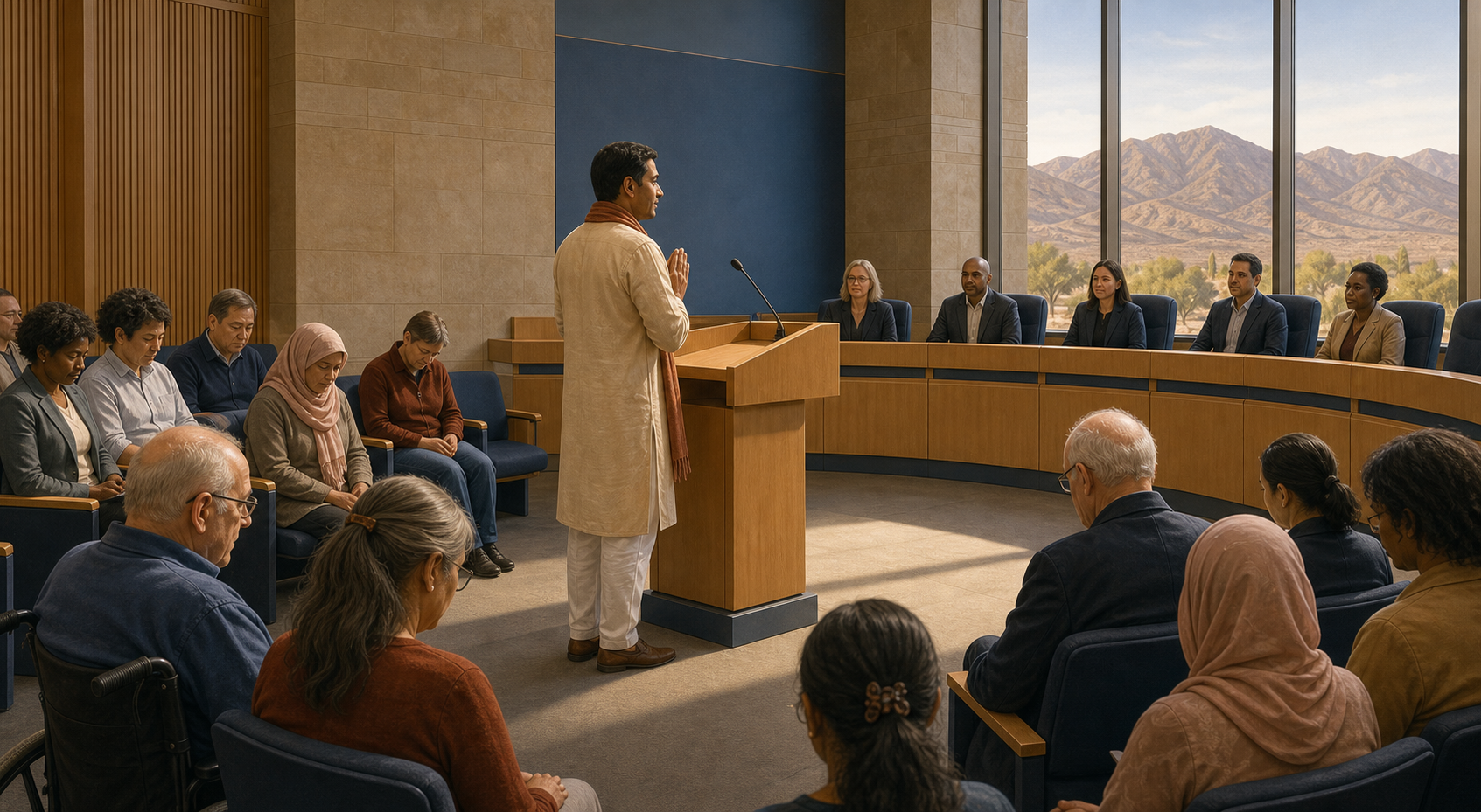 Illustration of a Hindu American speaker offering an invocation at a city council lectern while a diverse audience listens in different respectful postures.