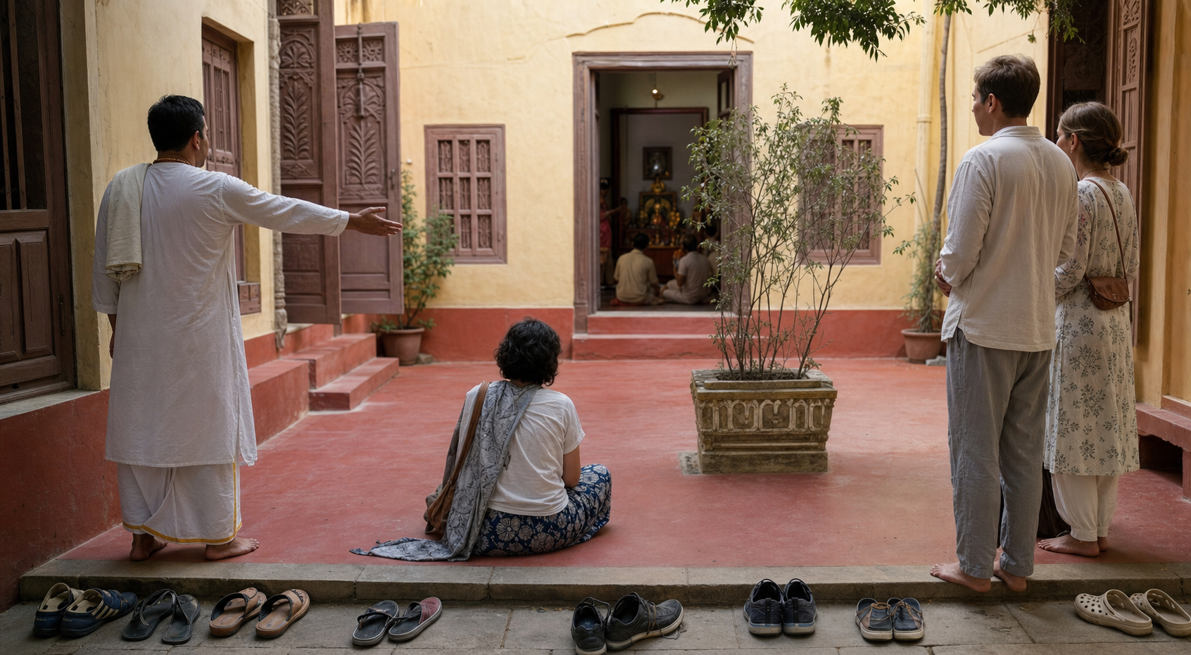 Visitors wait quietly beside a courtyard while worship takes place through an open doorway, with footwear arranged outside.