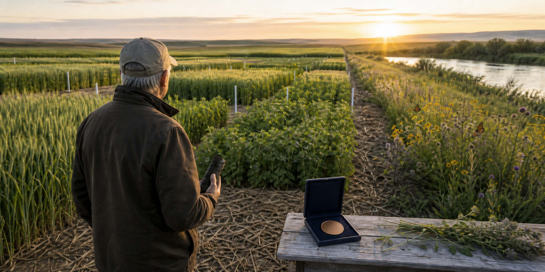 An anonymous agronomist examines a soil core beside prairie research plots, a vegetated water buffer, flowering habitat and an unmarked award medallion.