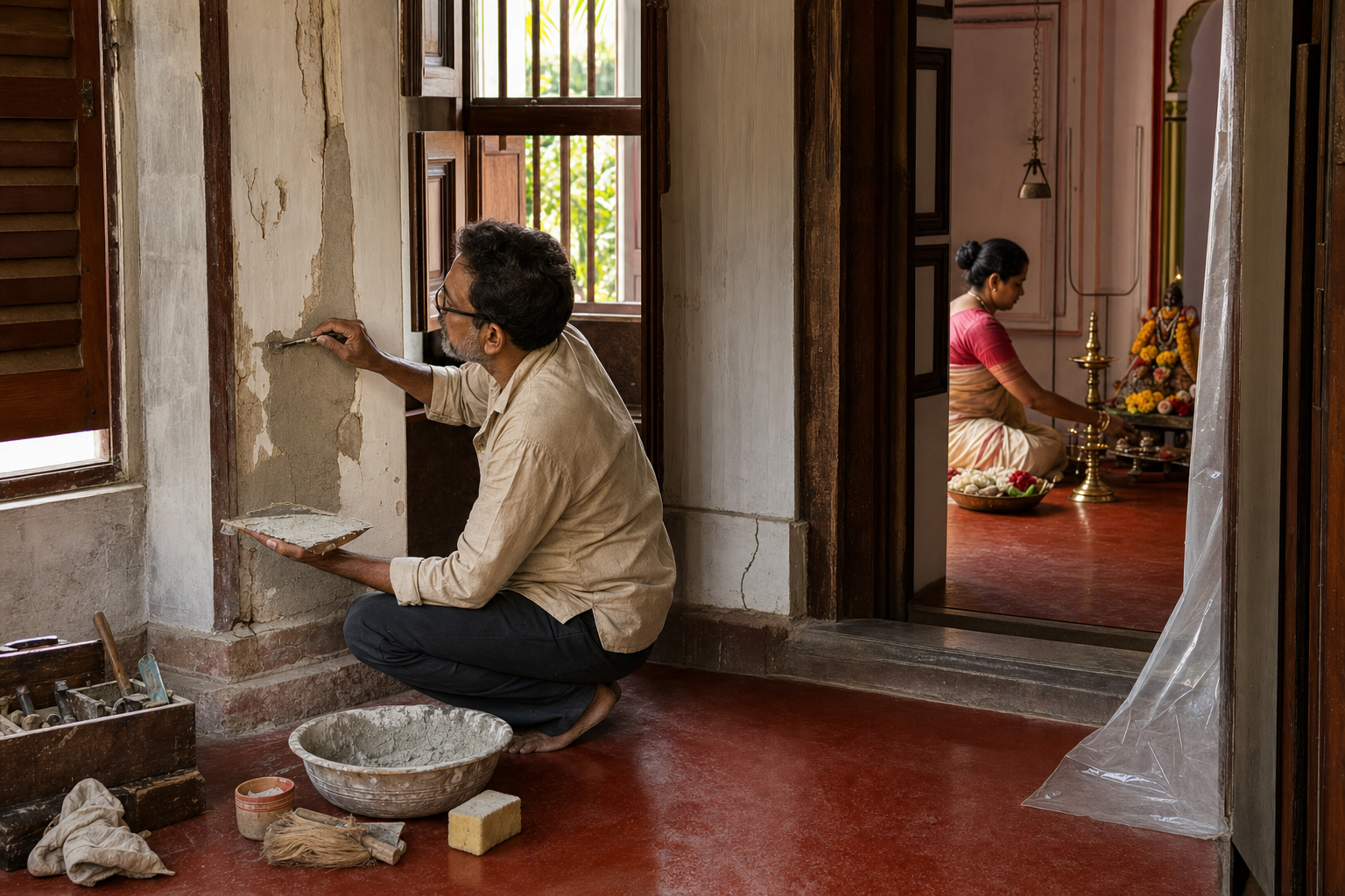 An artisan repairs lime plaster in a historic prayer room while a devotee tends fresh flowers and a brass lamp in the background.
