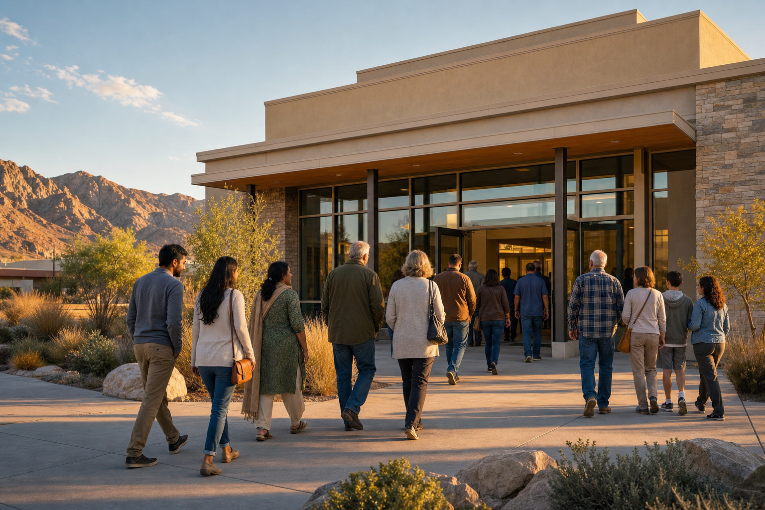 Illustration of Hindu American residents and other community members entering a municipal hall in a Nevada high-desert setting.