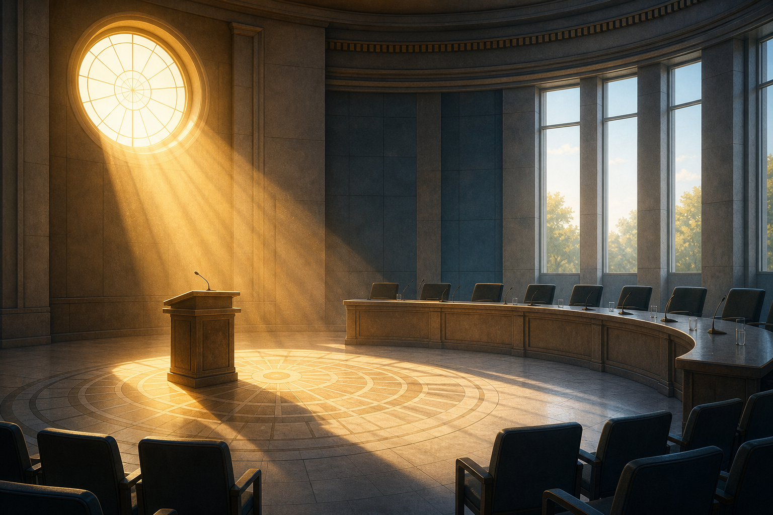 Symbolic illustration of sunrise illuminating a public lectern, council desk, and audience chairs in an empty civic chamber.