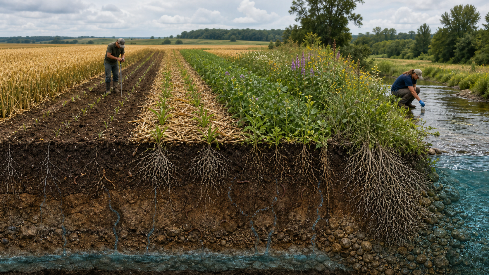 Replicated crop strips sit above a soil cutaway with deep roots and earthworm channels while technicians sample soil and water near a vegetated stream buffer.