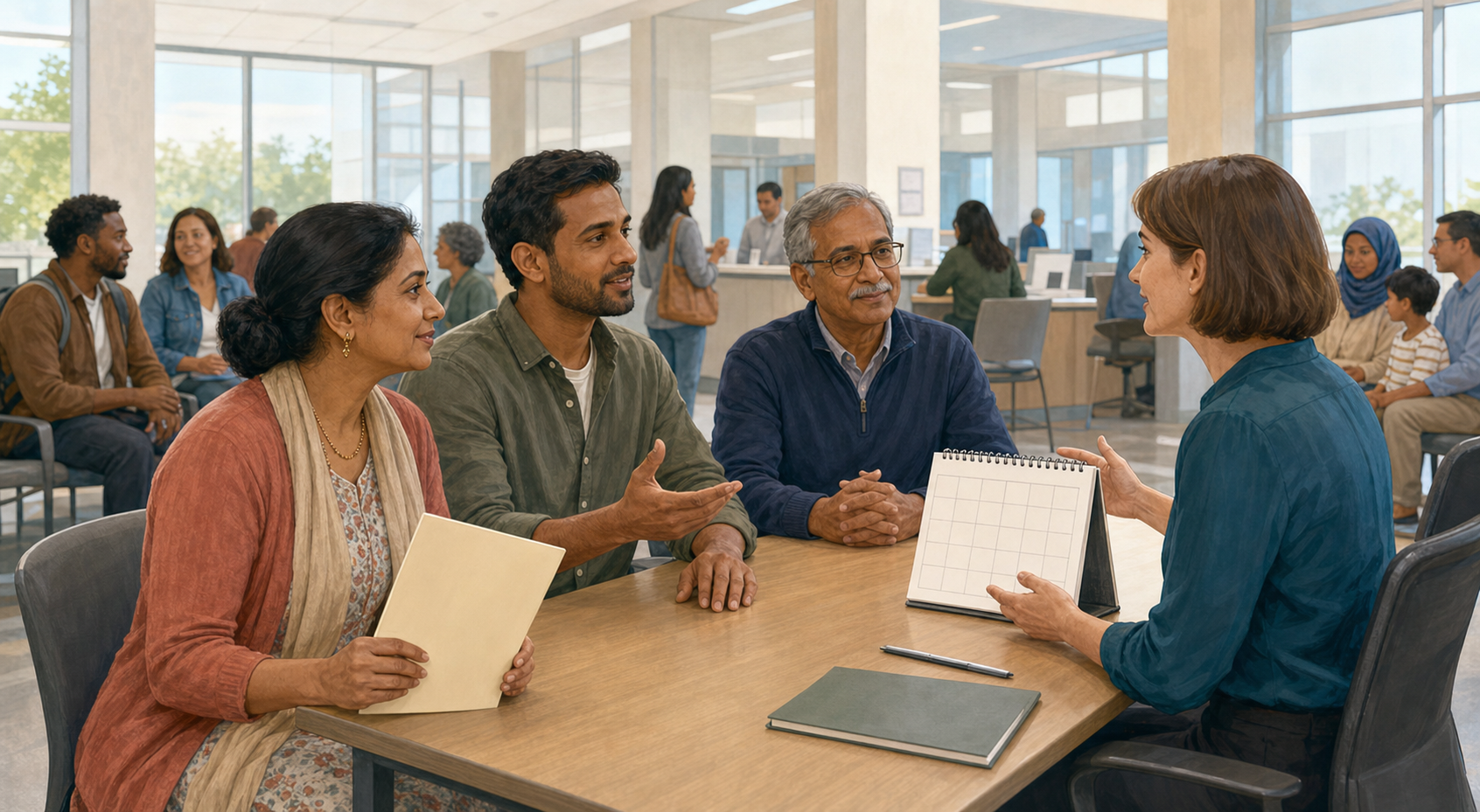 Illustration of Hindu community representatives discussing a civic invocation request with a city clerk at an accessible public service table.