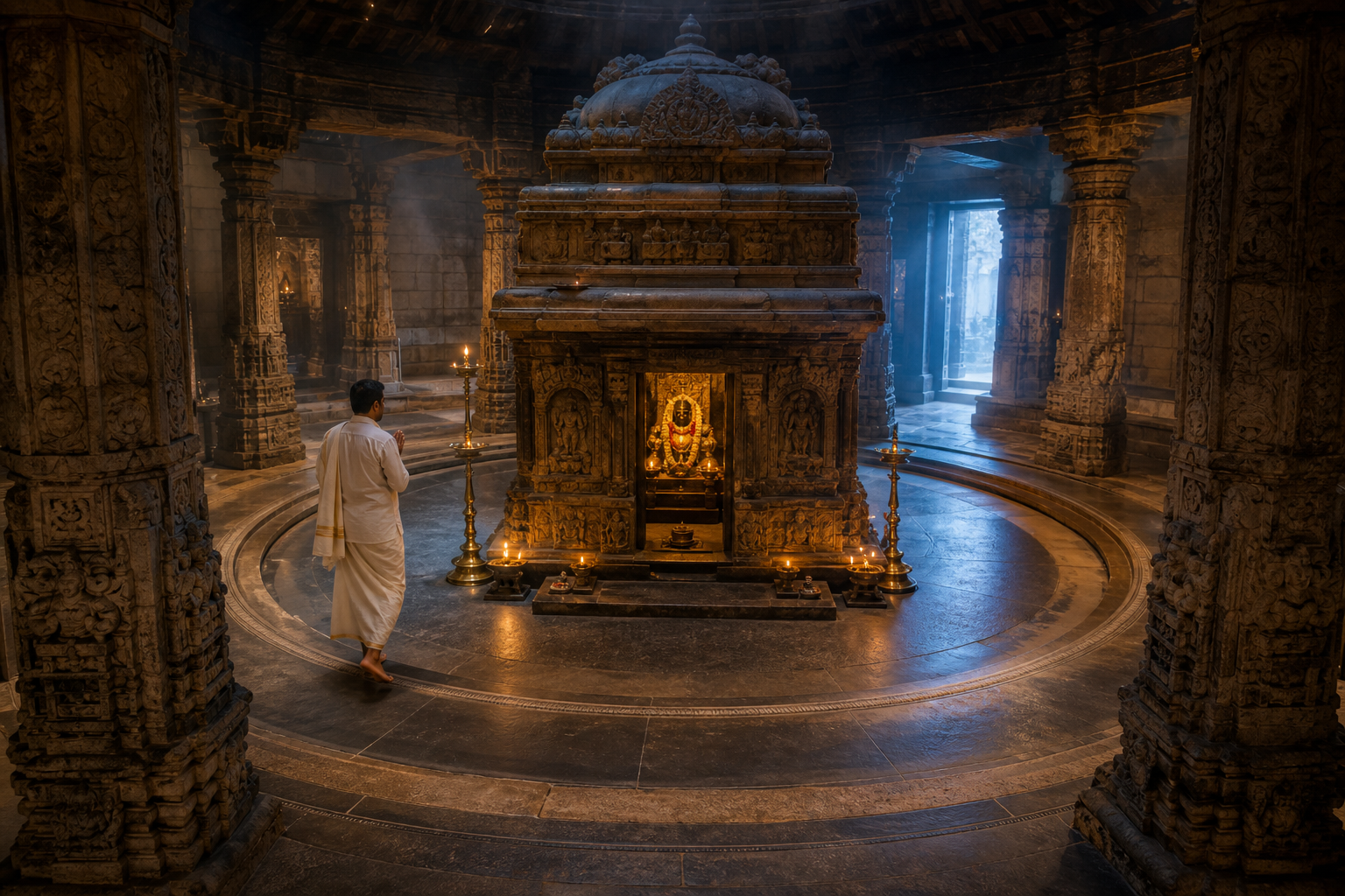 A devotee walks with joined hands around a lamp-lit temple sanctum while carved stone pillars frame the circular path.