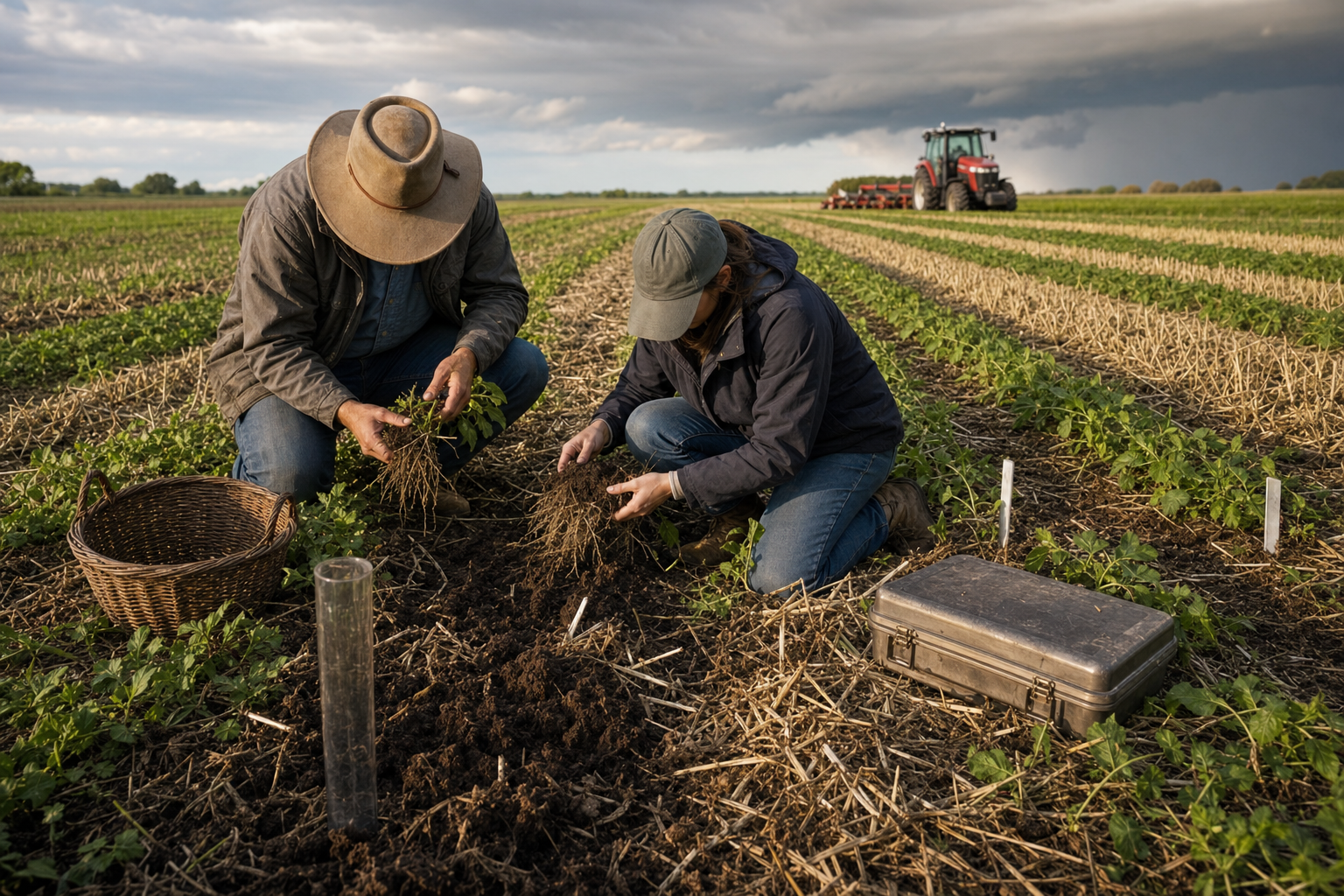 A farmer and agronomist compare roots and soil in replicated crop strips while ordinary farm machinery works in the distance.