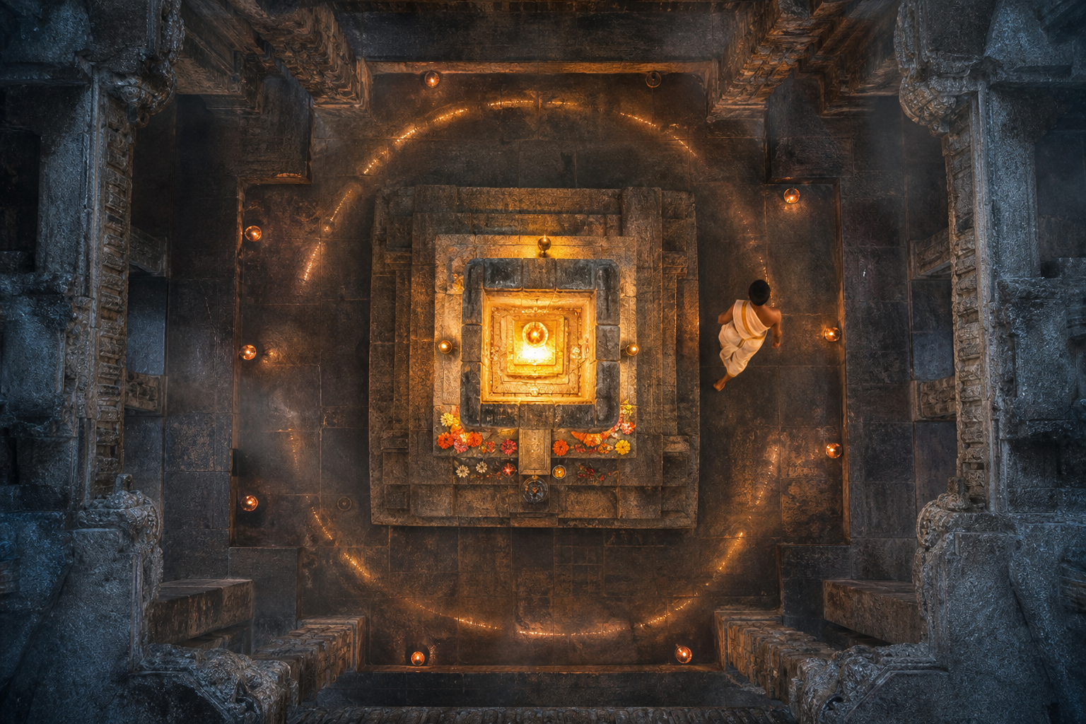 Overhead view of a worshipper circling a glowing central sanctum along a stone temple passage.