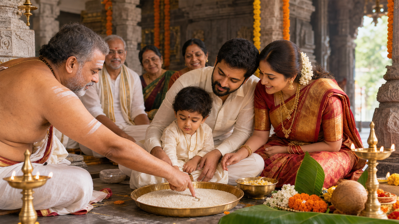 Young child traces first letters in rice during a Hindu temple ceremony with parents and priest.