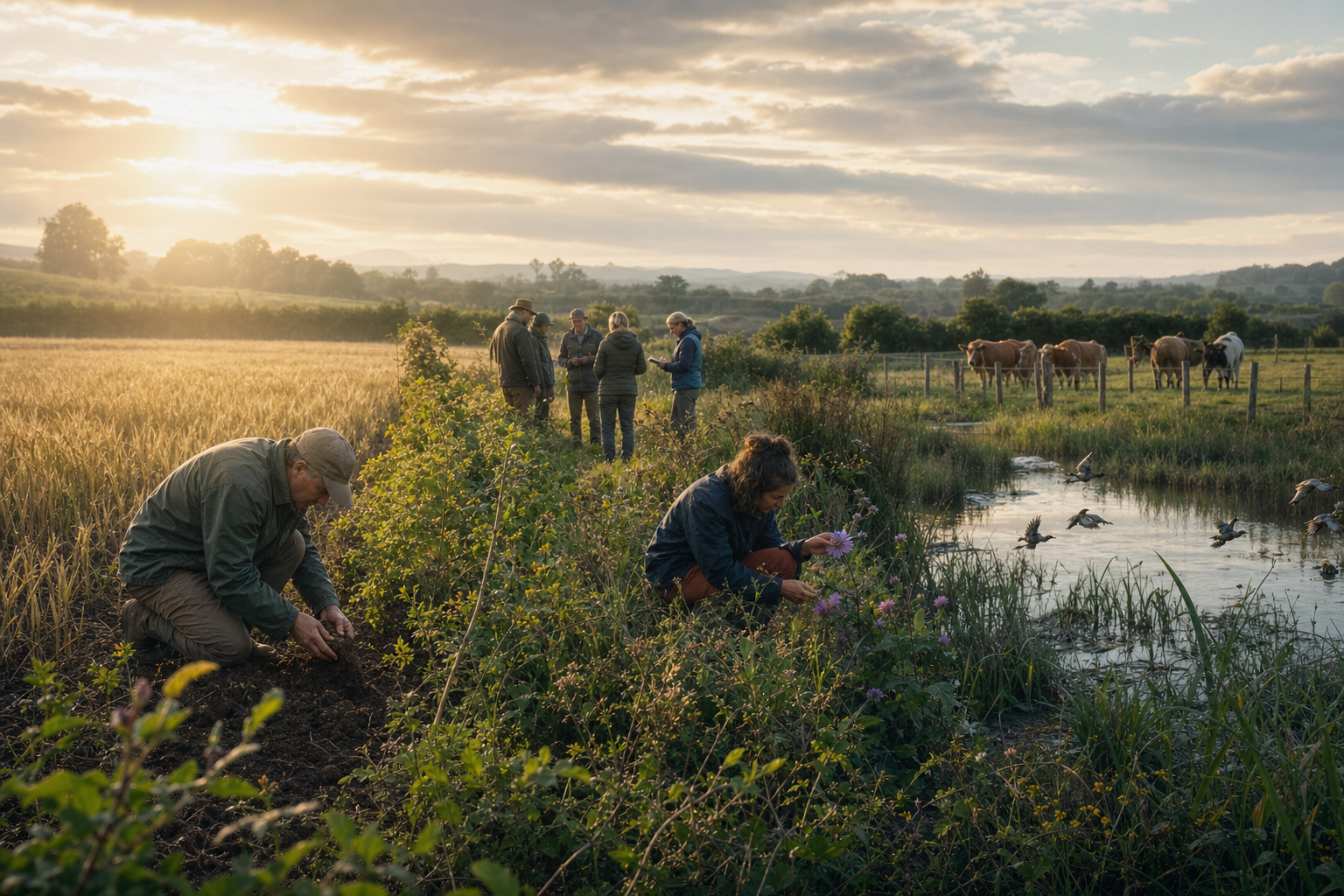 Farmers and researchers stand where a grain field, flowering hedgerow, wetland and managed pasture meet, with one person returning soil to the ground.