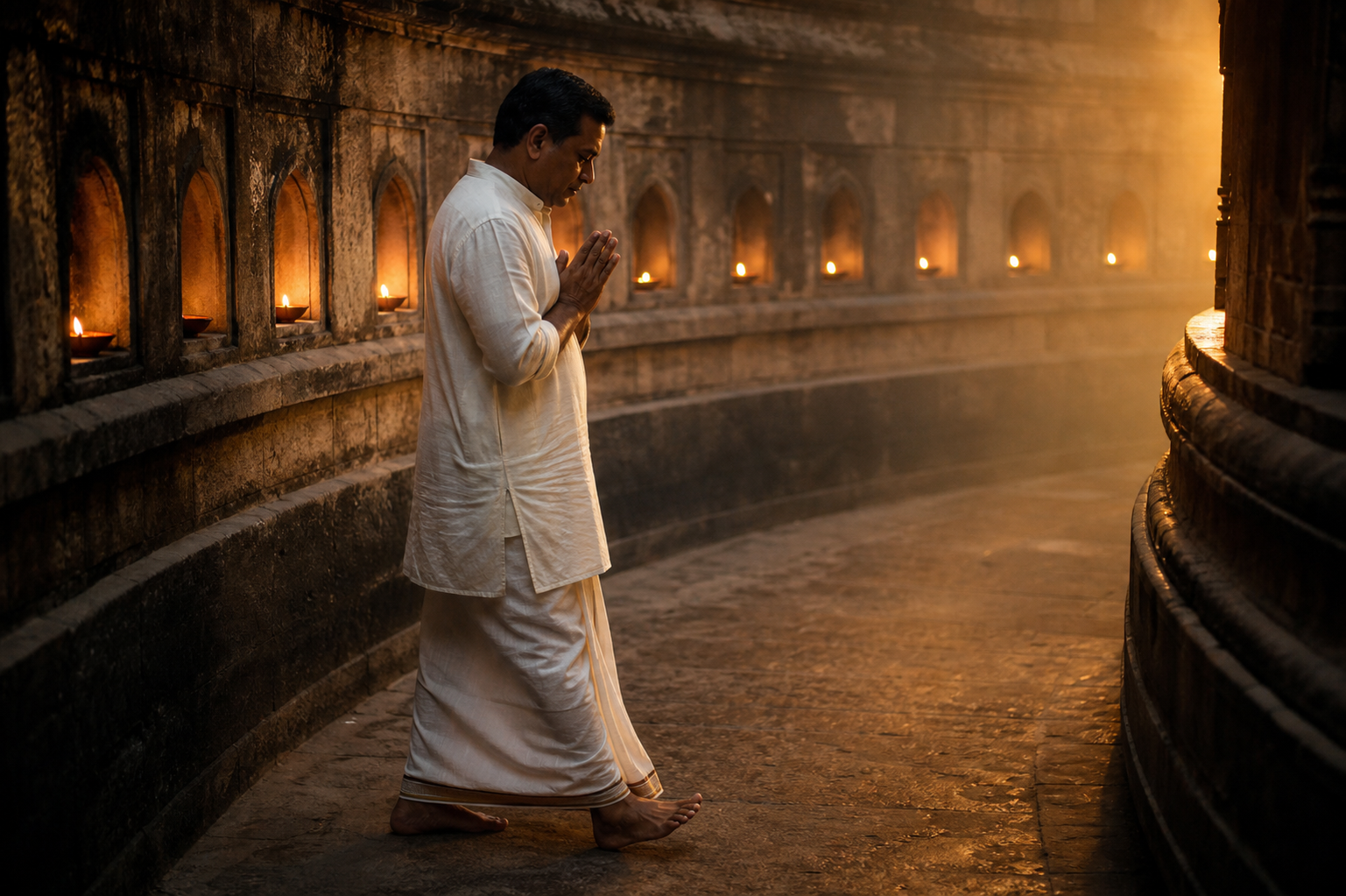 A devotee walks attentively through a curved temple corridor with the illuminated sanctum on the right.