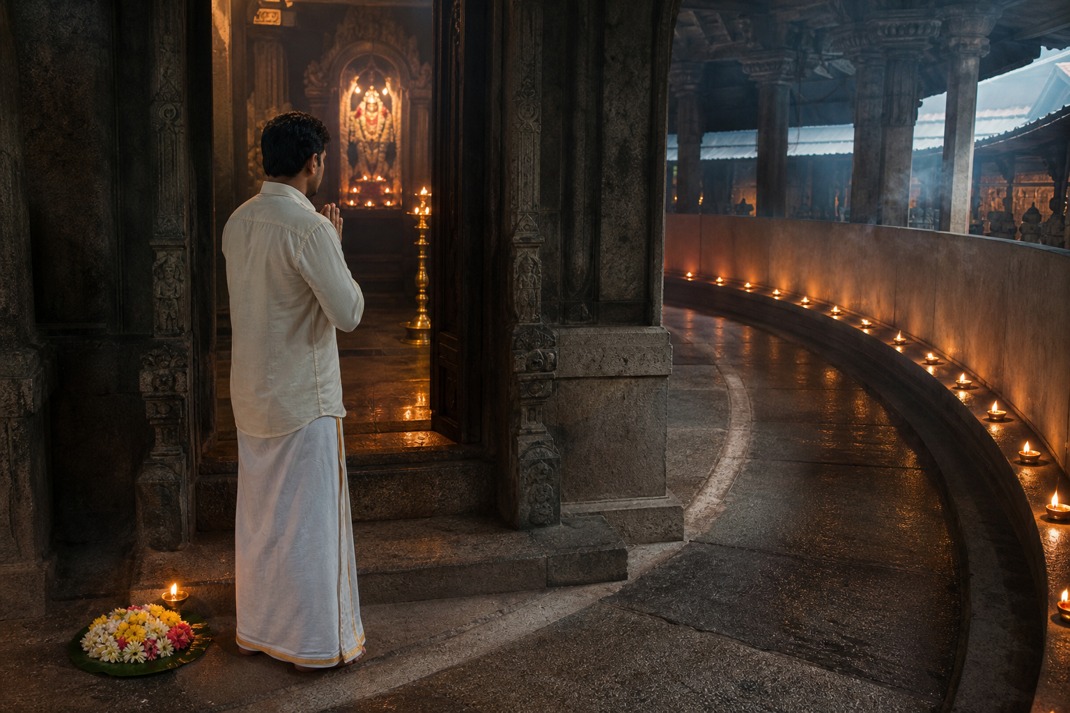 A worshipper pauses with joined hands beside flowers and oil lamps before beginning the path around a temple sanctum.