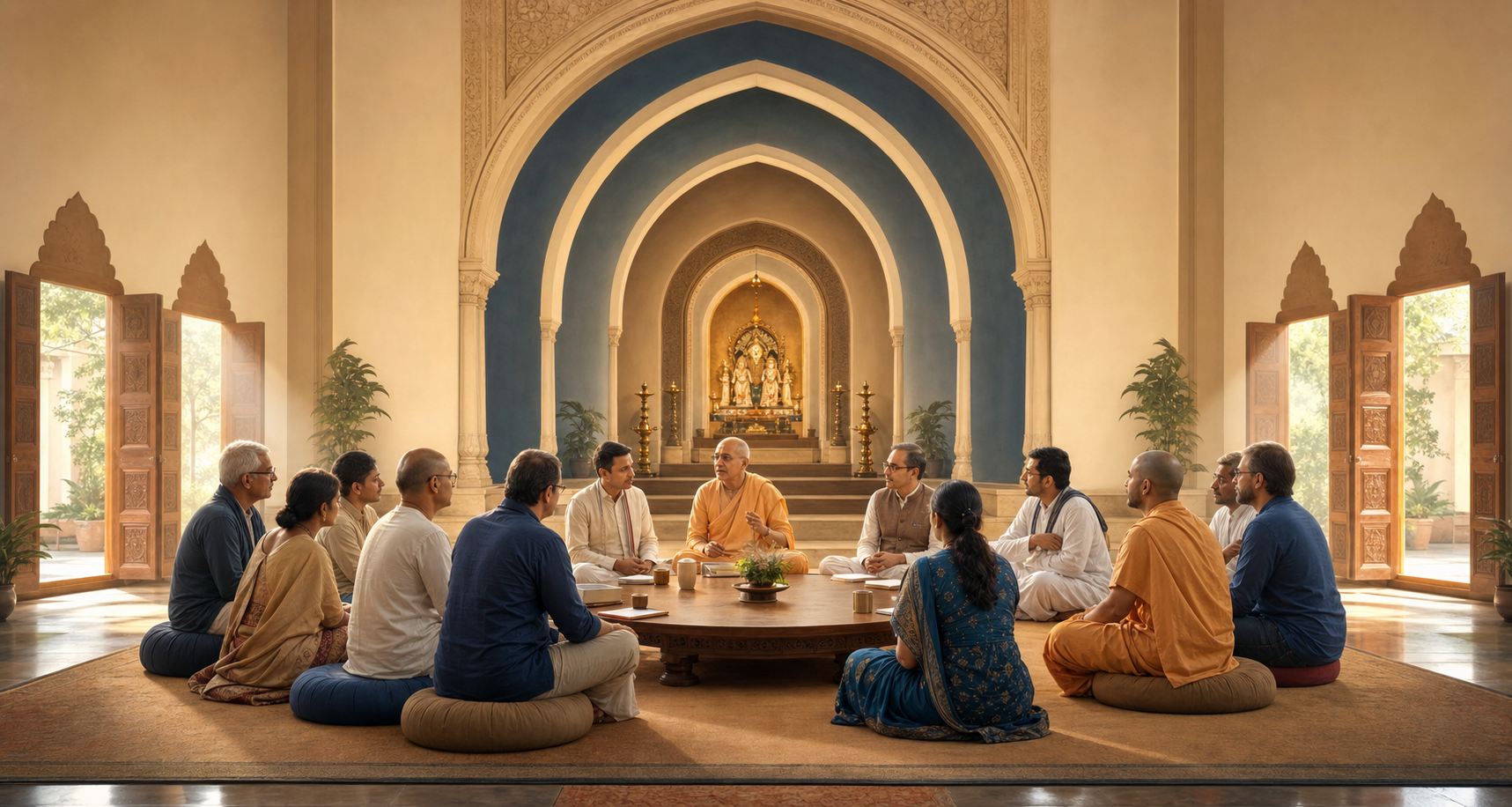 Devotees and administrators sit in a circle inside a temple hall, with an altar, layered arches, and open doorways behind them.