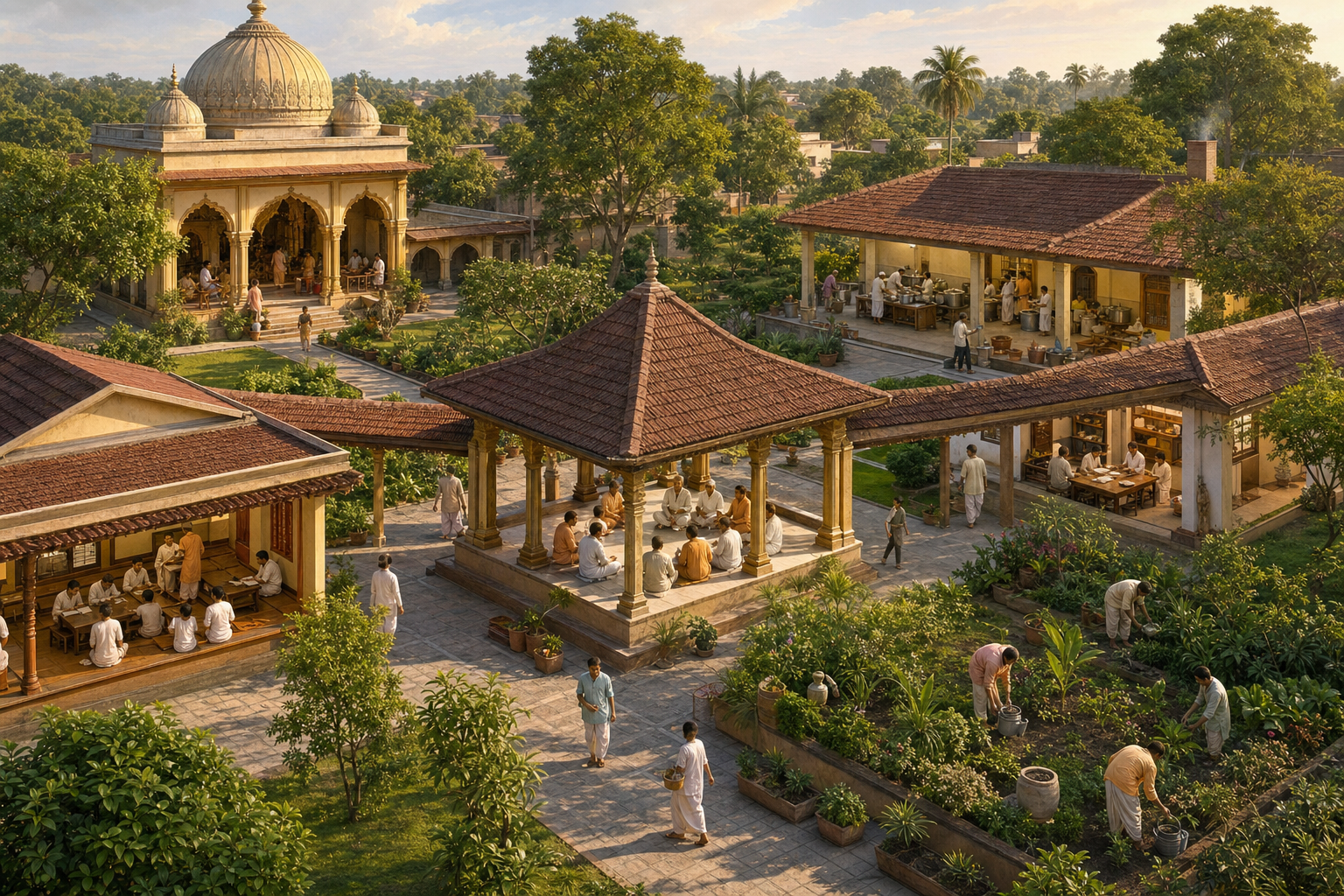 A temple campus contains separate worship, kitchen, classroom, garden, and meeting areas connected by covered walkways.