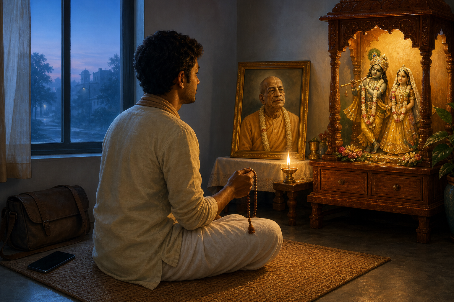 A devotee chants with prayer beads before a small Radha-Krishna altar and a portrait of Srila Prabhupada in a dawn-lit home prayer corner.