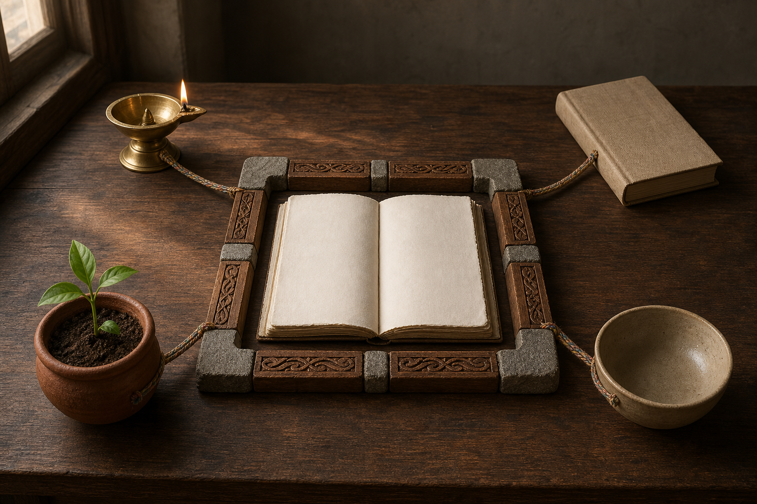 A blank open document is surrounded by a lamp, plain book, seedling, and bowl within an interlocking protective frame.